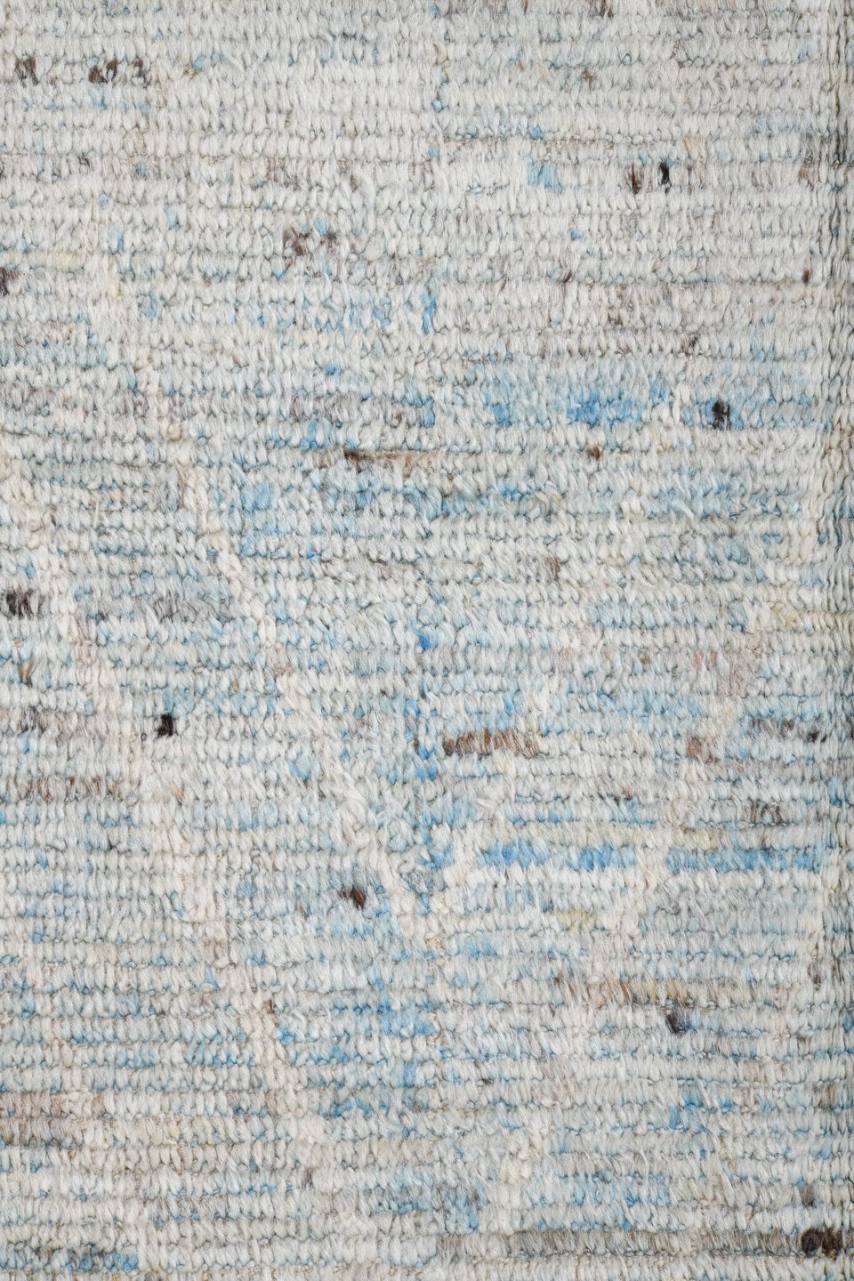 3' x 15' one-of-a-kind handmade vintage Tulu runner rug. Color palette: ivory, pale blue, taupe, charcoal, light blue, beige