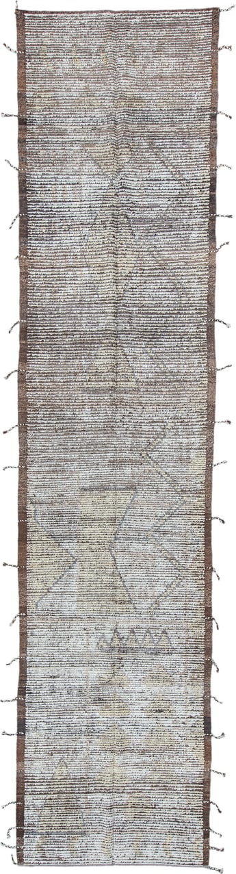 3' x 14' one-of-a-kind handmade vintage Tulu runner rug. Color palette: ivory, brown, taupe, charcoal, cream, beige, gray