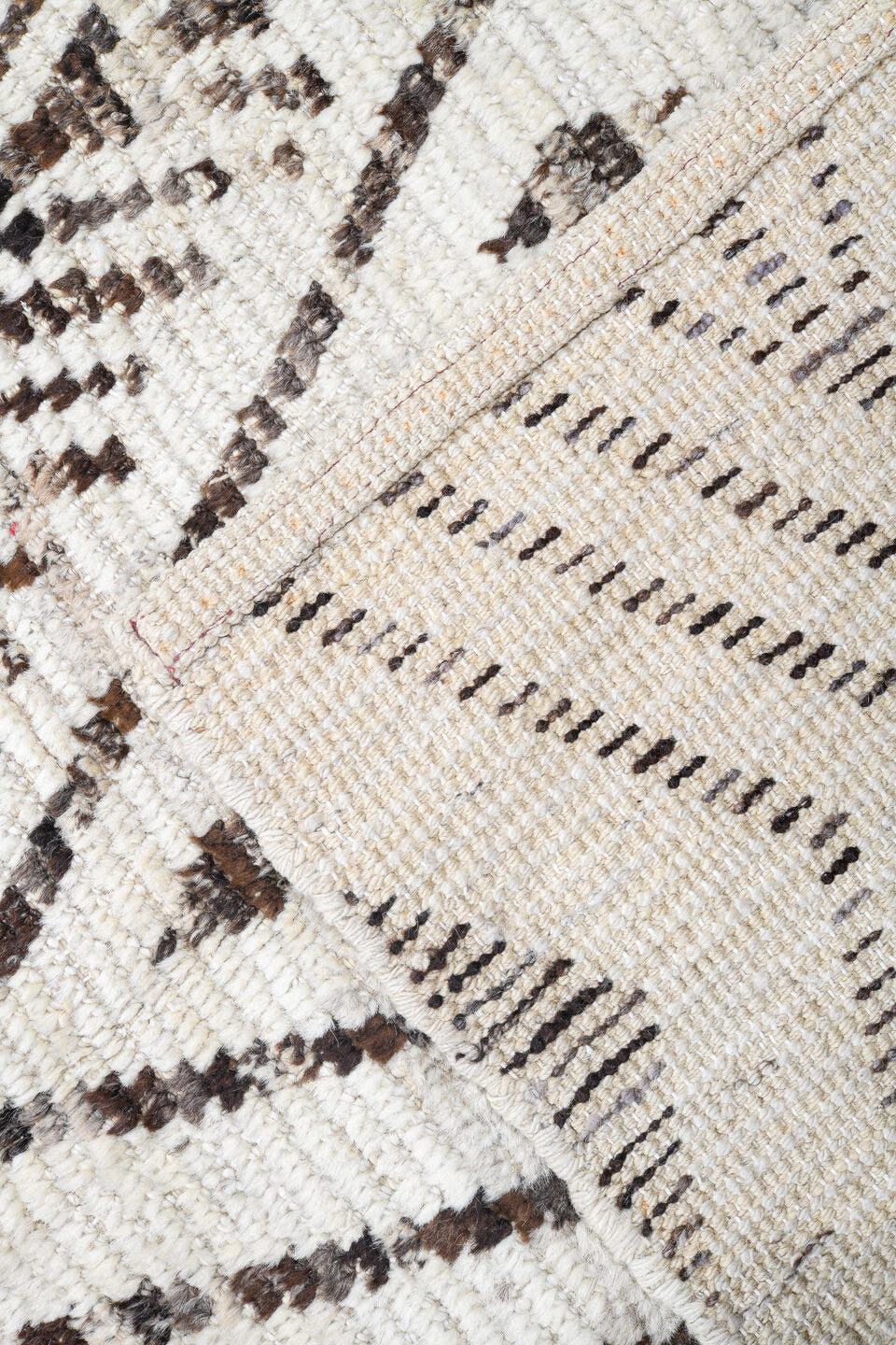 4' x 18' one-of-a-kind handmade vintage Tulu runner rug. Color palette: ivory, charcoal, taupe, brown, black, gray, beige