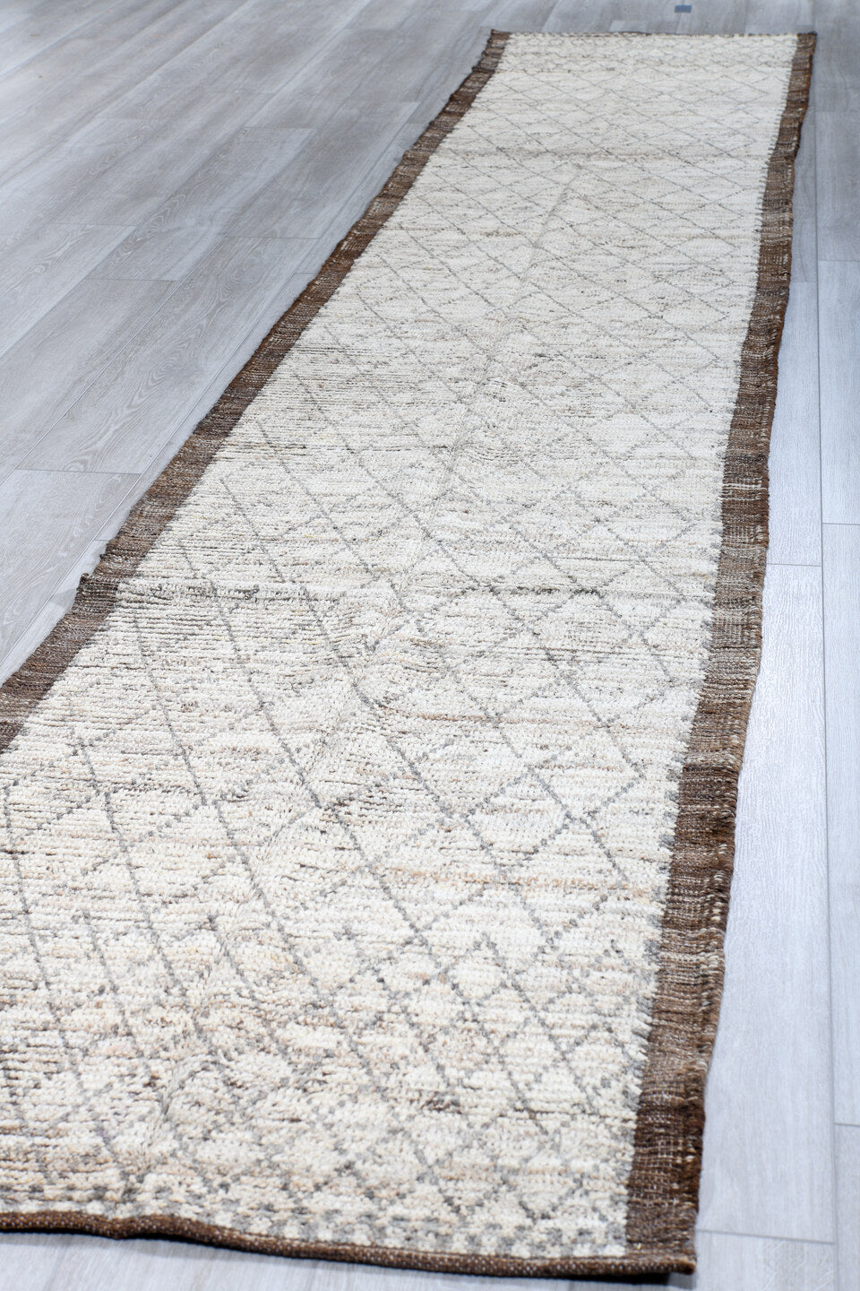 2' x 16' one-of-a-kind handmade vintage Tulu runner rug. Color palette: ivory, brown, taupe, camel, charcoal, beige, gray