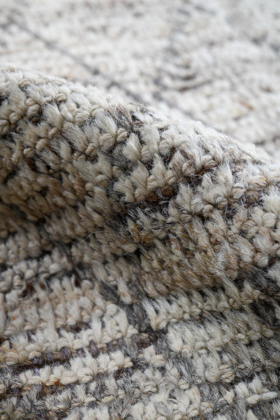 2' x 16' one-of-a-kind handmade vintage Tulu runner rug. Color palette: ivory, brown, taupe, camel, charcoal, beige, gray