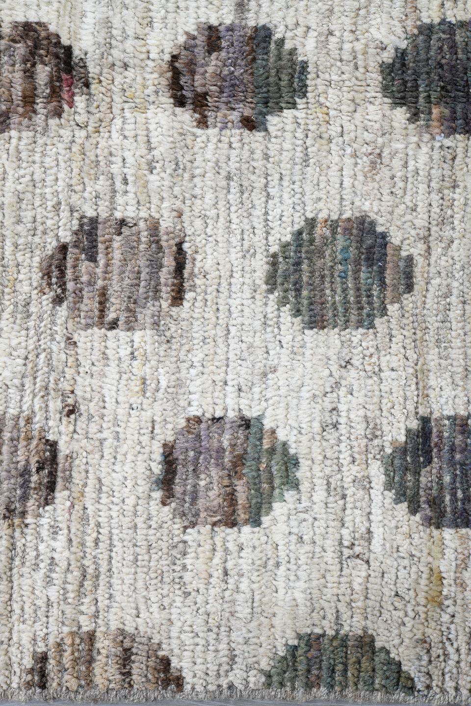 3' x 19' one-of-a-kind handmade vintage Tulu runner rug. Color palette: ivory, taupe, brown, charcoal, sage, beige, gray