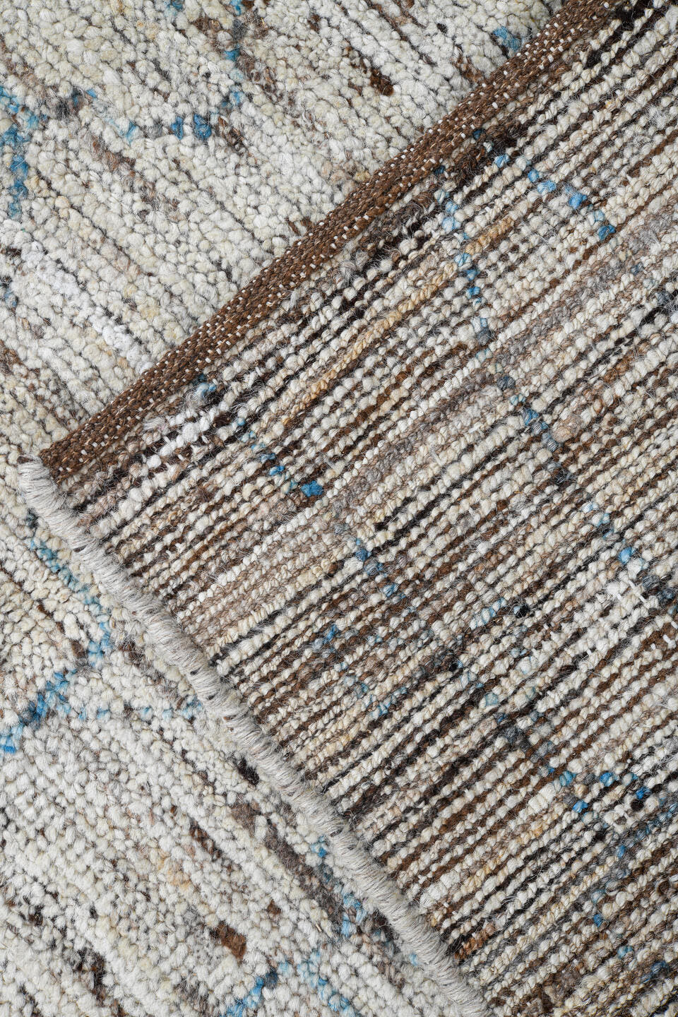 3' x 9' one-of-a-kind handmade vintage Tulu runner rug. Color palette: ivory, blue gray, taupe, brown, gray, blue, beige
