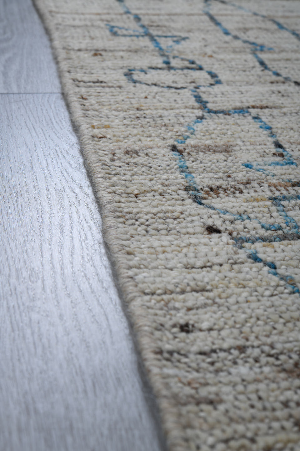 3' x 9' one-of-a-kind handmade vintage Tulu runner rug. Color palette: ivory, blue gray, taupe, brown, gray, blue, beige