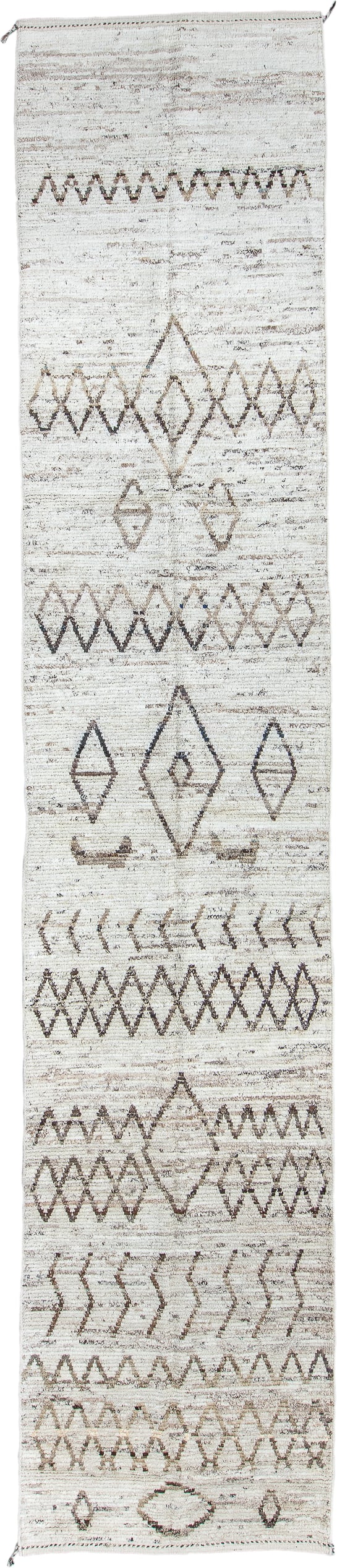 3' x 16' one-of-a-kind handmade vintage Tulu runner rug. Color palette: ivory, taupe, brown, camel, gray, beige