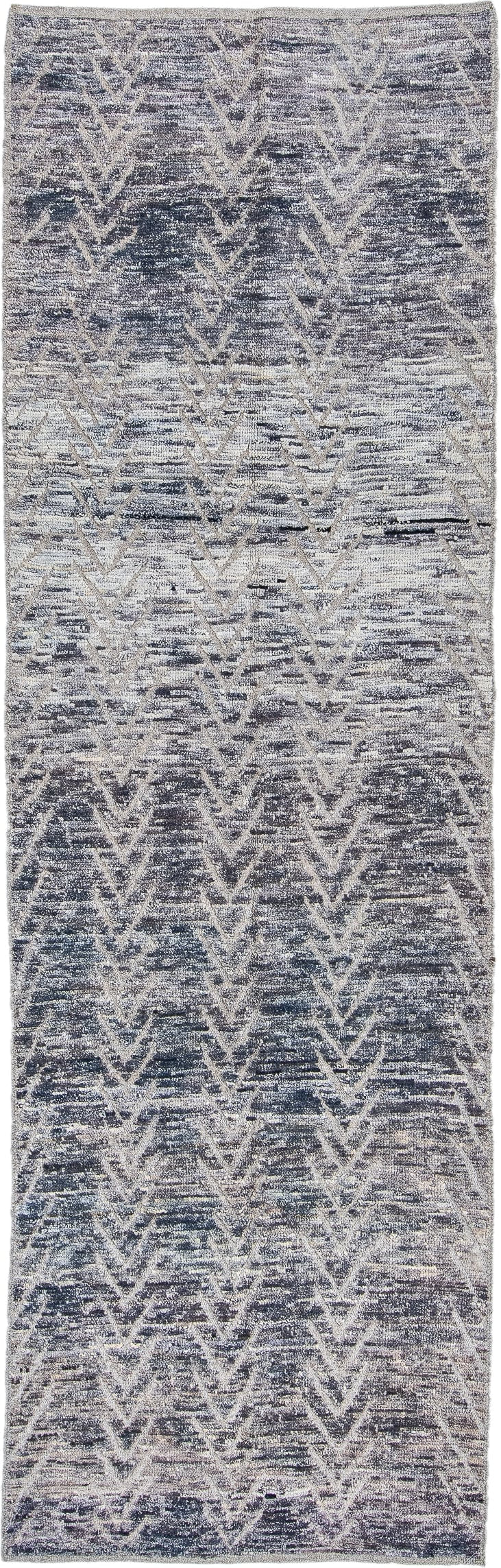 3' x 9' one-of-a-kind handmade vintage Tulu runner rug. Color palette: blue-gray, ivory, slate, silver, gray, blue