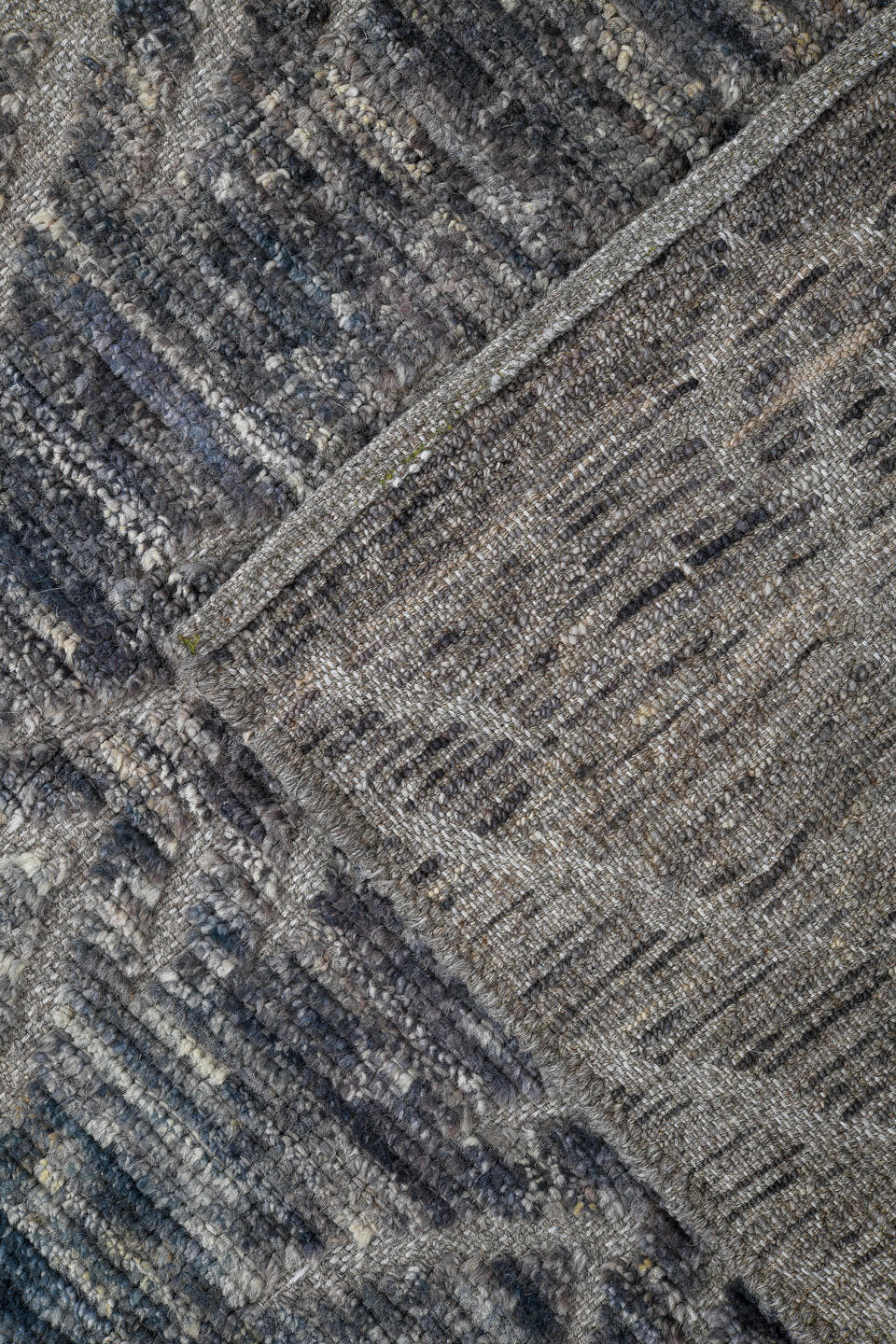 3' x 9' one-of-a-kind handmade vintage Tulu runner rug. Color palette: blue-gray, ivory, slate, silver, gray, blue