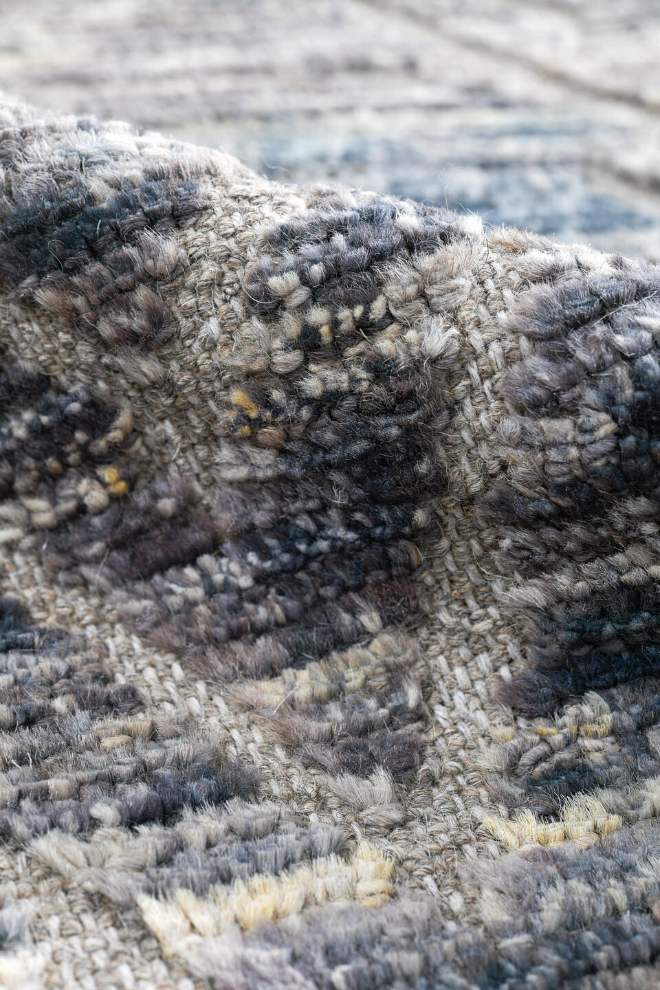 3' x 9' one-of-a-kind handmade vintage Tulu runner rug. Color palette: blue-gray, ivory, slate, silver, gray, blue