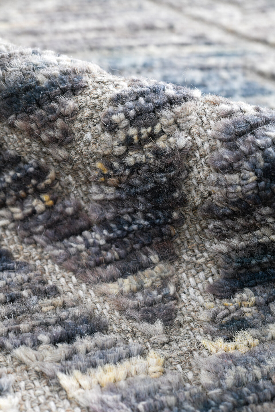 3' x 9' one-of-a-kind handmade vintage Tulu runner rug. Color palette: blue-gray, ivory, slate, silver, gray, blue