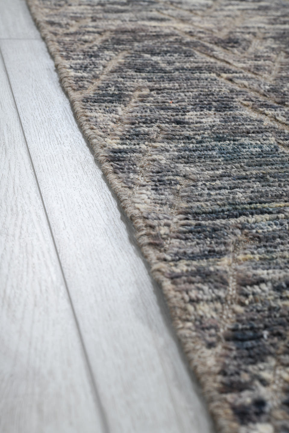 3' x 9' one-of-a-kind handmade vintage Tulu runner rug. Color palette: blue-gray, ivory, slate, silver, gray, blue