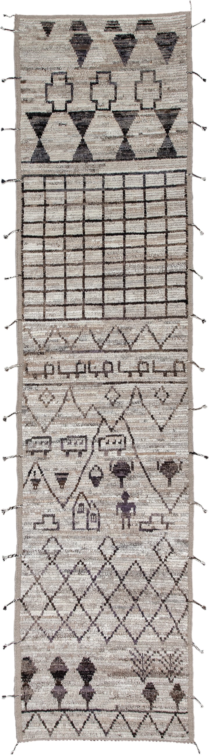 3' x 13' one-of-a-kind handmade vintage Tulu runner rug. Color palette: ivory, taupe, charcoal, brown, gray, beige, black