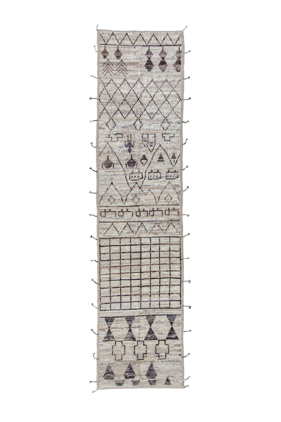 3' x 13' one-of-a-kind handmade vintage Tulu runner rug. Color palette: ivory, taupe, charcoal, brown, gray, beige, black