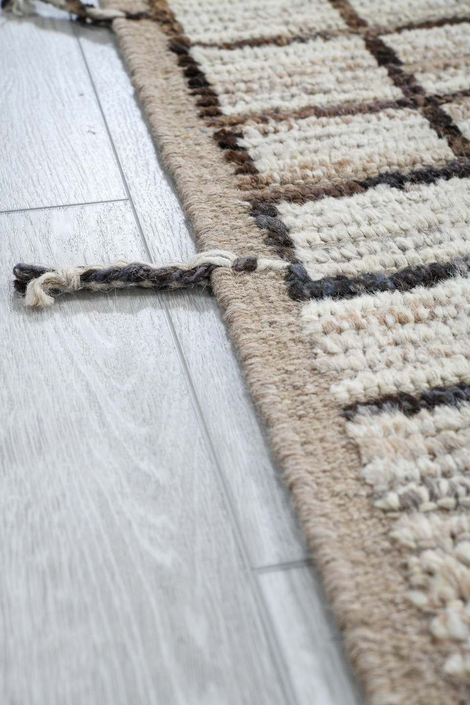 3' x 13' one-of-a-kind handmade vintage Tulu runner rug. Color palette: ivory, taupe, charcoal, brown, gray, beige, black