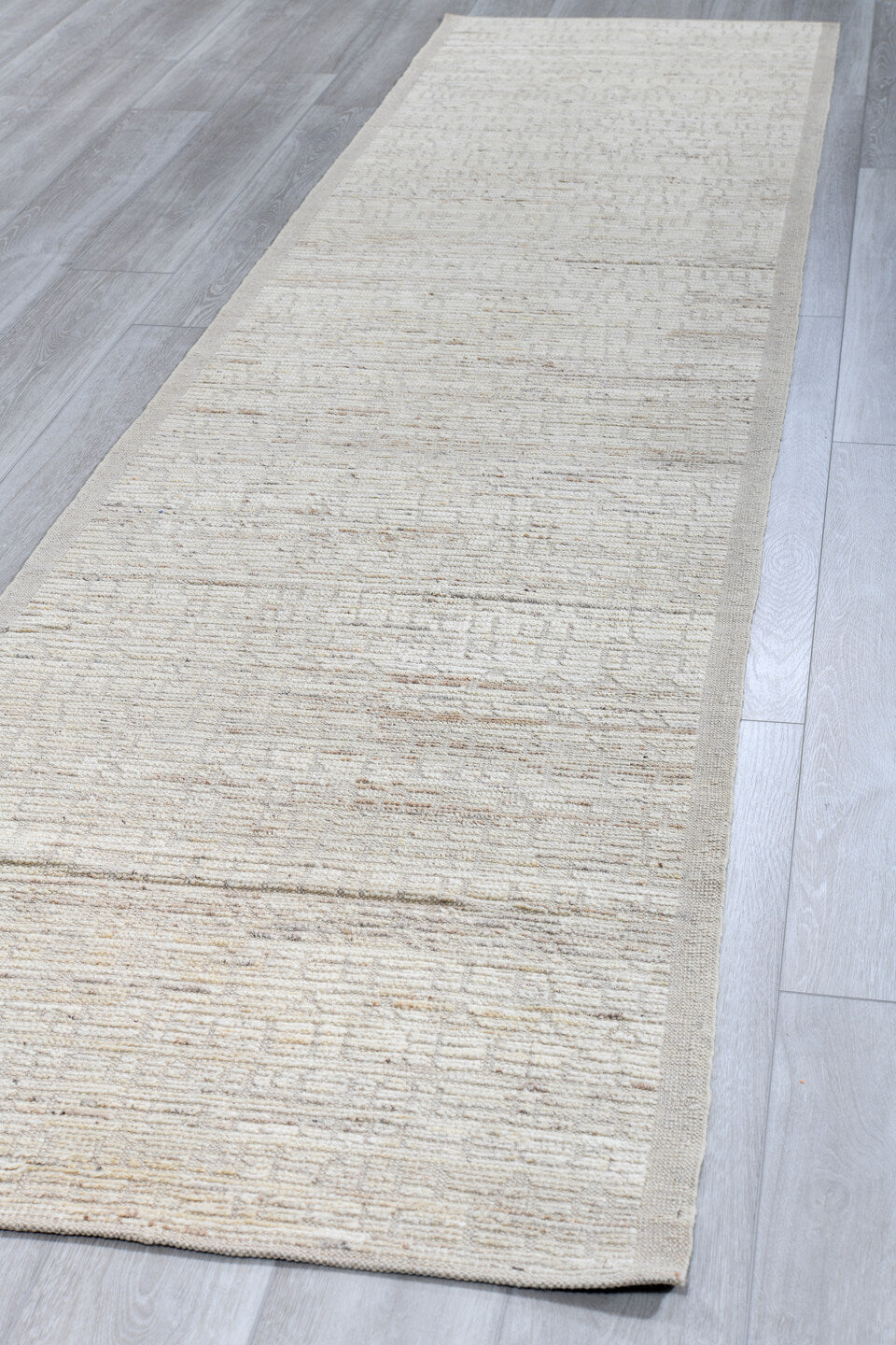 3' x 12' one-of-a-kind handmade vintage Tulu runner rug. Color palette: ivory, beige, taupe, cream, light gray, gray