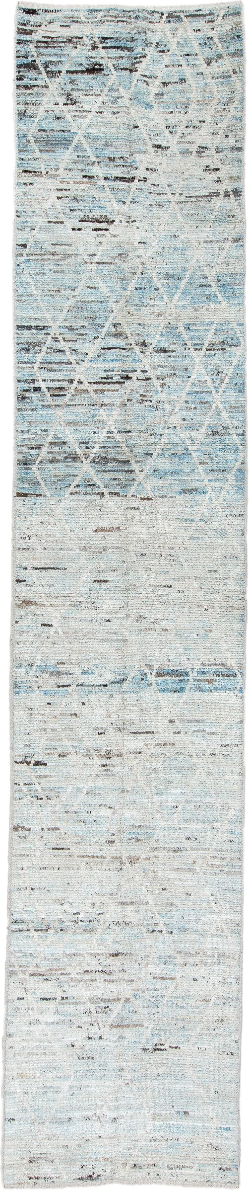 3' x 16' one-of-a-kind handmade vintage Tulu runner rug. Color palette: ivory, sky blue, taupe, charcoal, cream, light blue