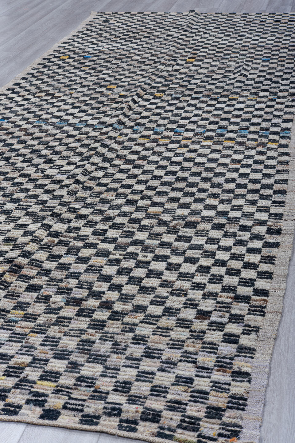 5' x 14' one-of-a-kind handmade vintage Tulu rug. Color palette: ivory, charcoal, gray, slate, blue, ochre, black, gold