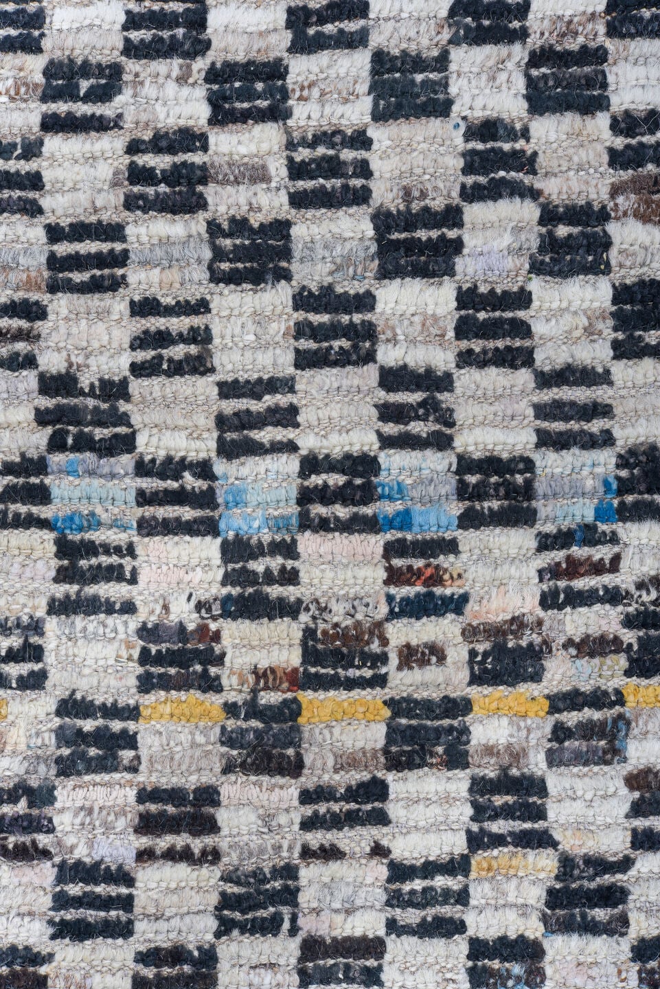 5' x 14' one-of-a-kind handmade vintage Tulu rug. Color palette: ivory, charcoal, gray, slate, blue, ochre, black, gold