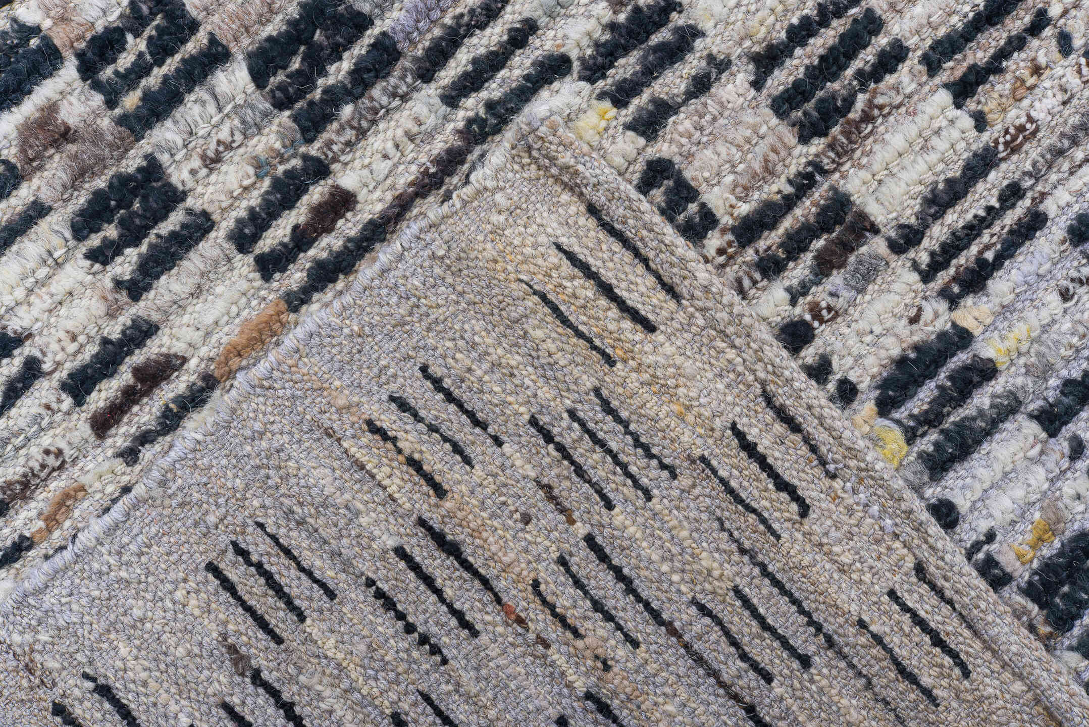 5' x 14' one-of-a-kind handmade vintage Tulu rug. Color palette: ivory, charcoal, gray, slate, blue, ochre, black, gold