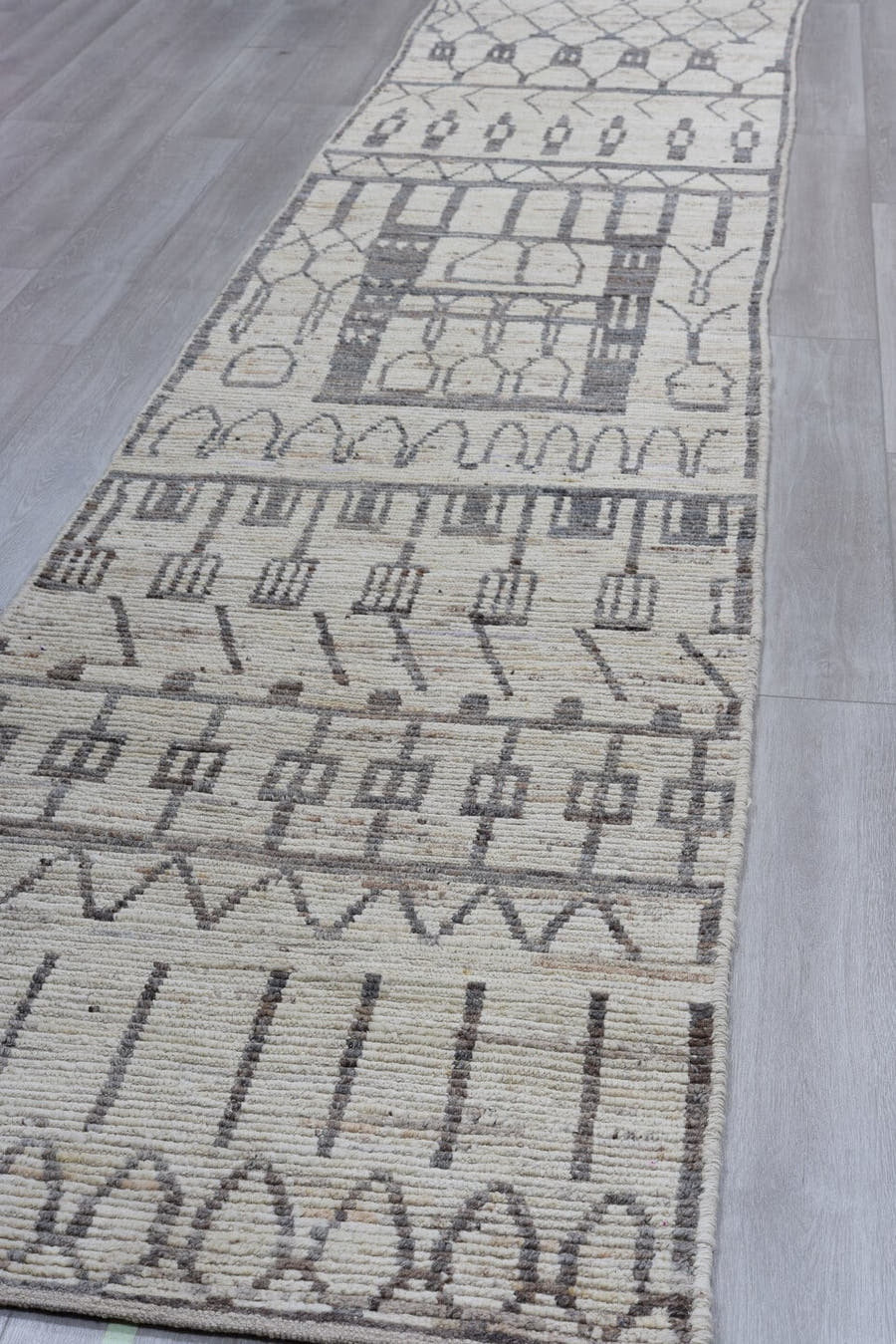 3' x 16' one-of-a-kind handmade vintage Tulu runner rug. Color palette: ivory, charcoal, taupe, gray, black, beige