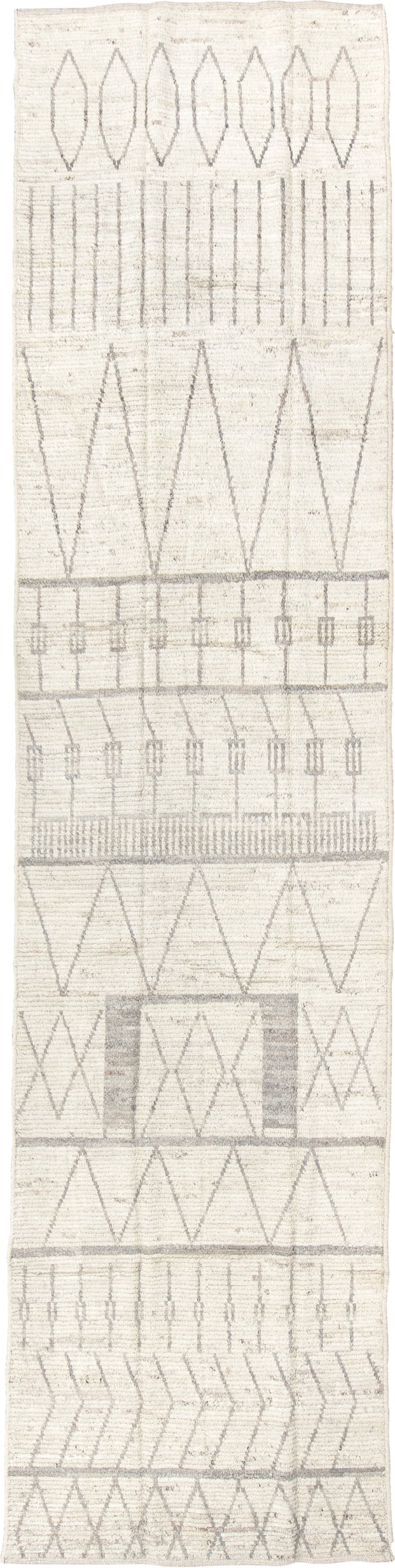 3' x 15' one-of-a-kind handmade vintage Tulu runner rug. Color palette: ivory, light gray, cream, taupe, beige, gray