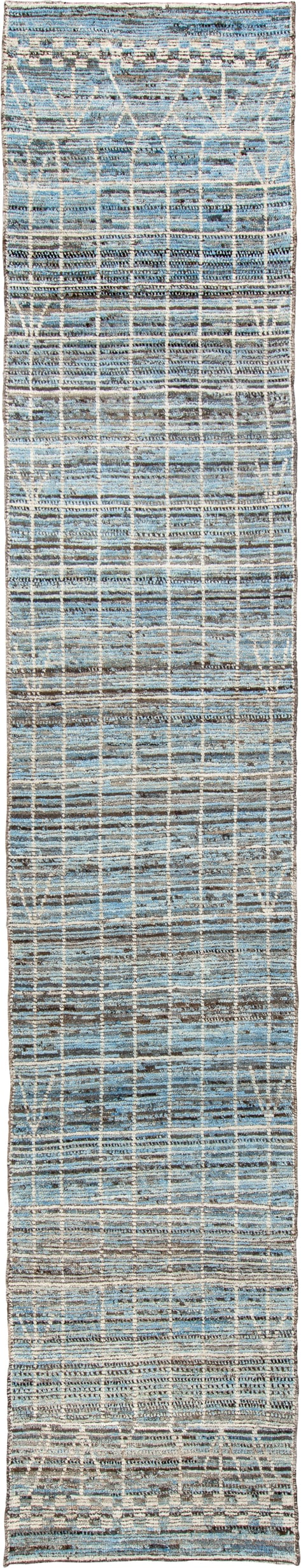2' x 15' one-of-a-kind handmade vintage Tulu runner rug. Color palette: sky blue, ivory, charcoal, slate, taupe, light blue