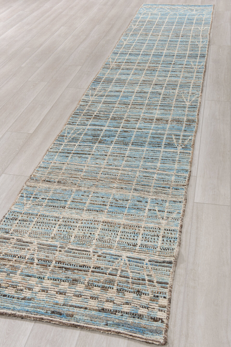 2' x 15' one-of-a-kind handmade vintage Tulu runner rug. Color palette: sky blue, ivory, charcoal, slate, taupe, light blue