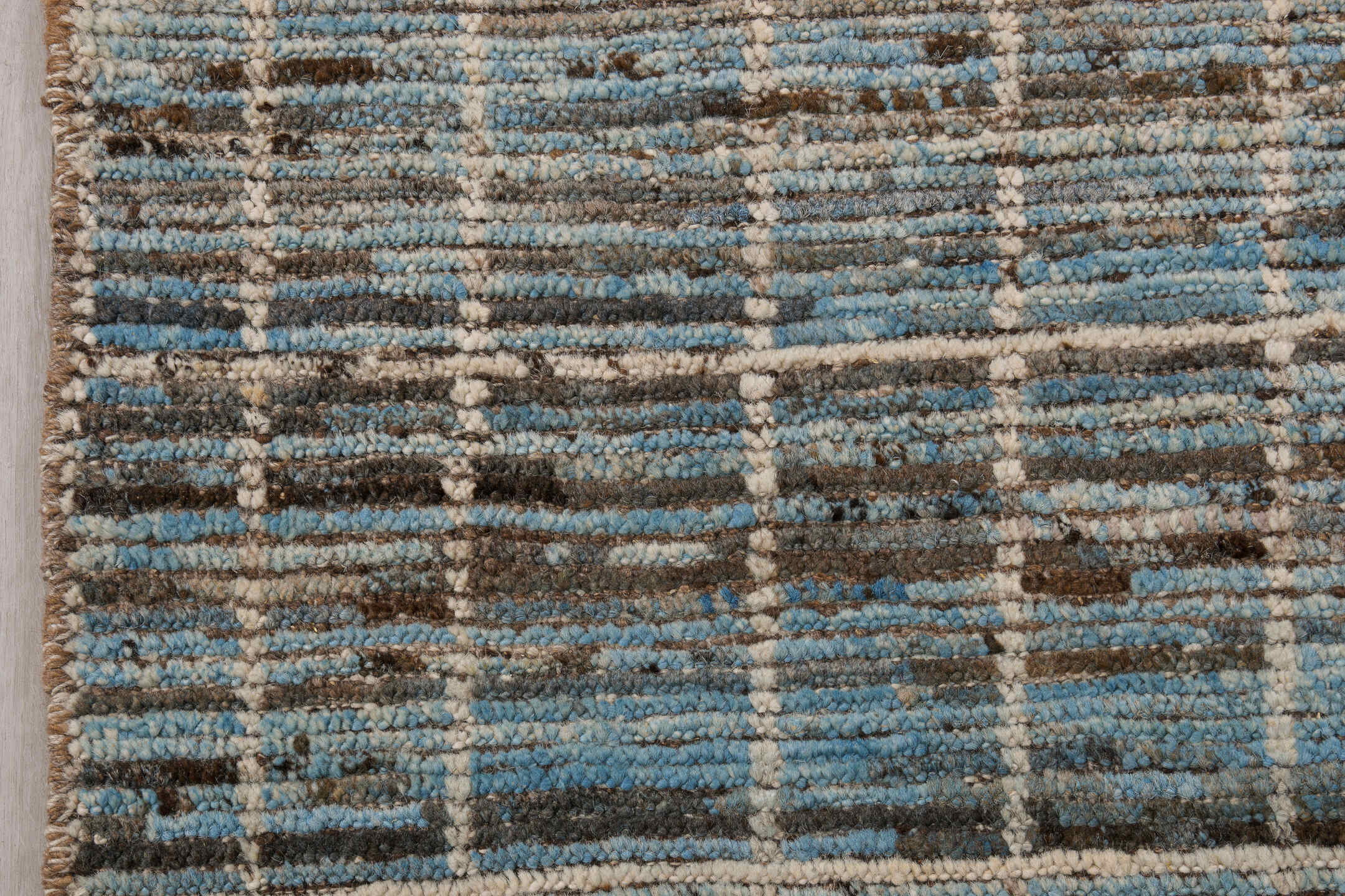 2' x 15' one-of-a-kind handmade vintage Tulu runner rug. Color palette: sky blue, ivory, charcoal, slate, taupe, light blue