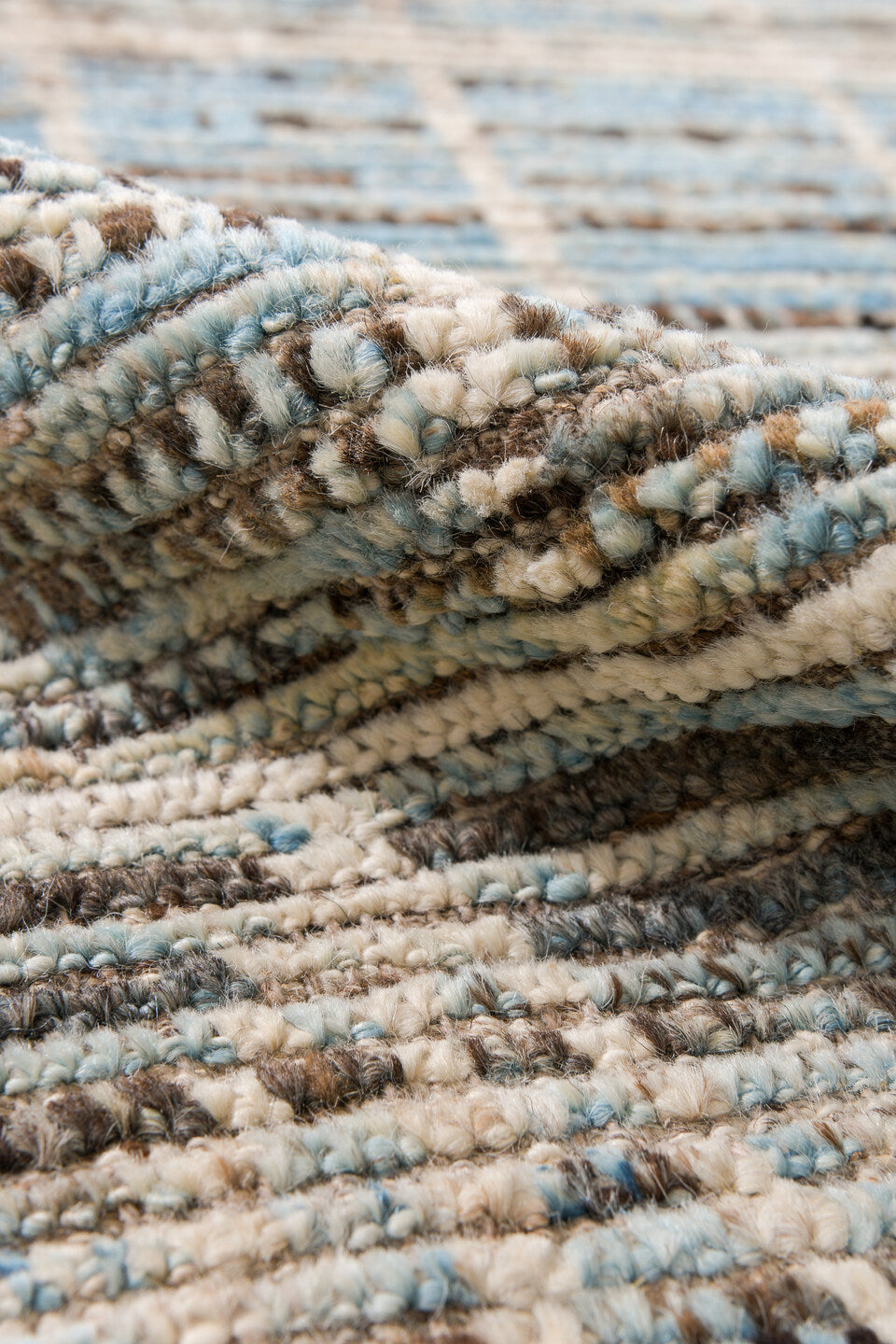 2' x 15' one-of-a-kind handmade vintage Tulu runner rug. Color palette: sky blue, ivory, charcoal, slate, taupe, light blue