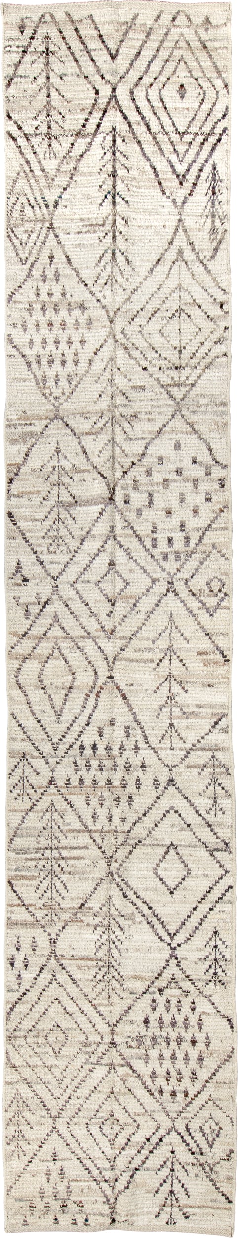 3' x 16' one-of-a-kind handmade vintage Tulu runner rug. Color palette: ivory, taupe, charcoal, cream, pewter, beige, gray