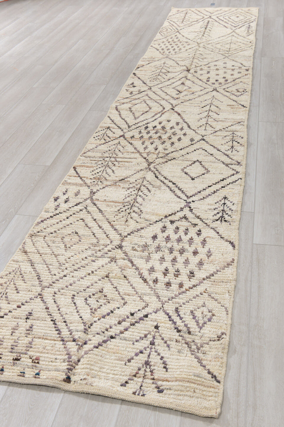 3' x 16' one-of-a-kind handmade vintage Tulu runner rug. Color palette: ivory, taupe, charcoal, cream, pewter, beige, gray