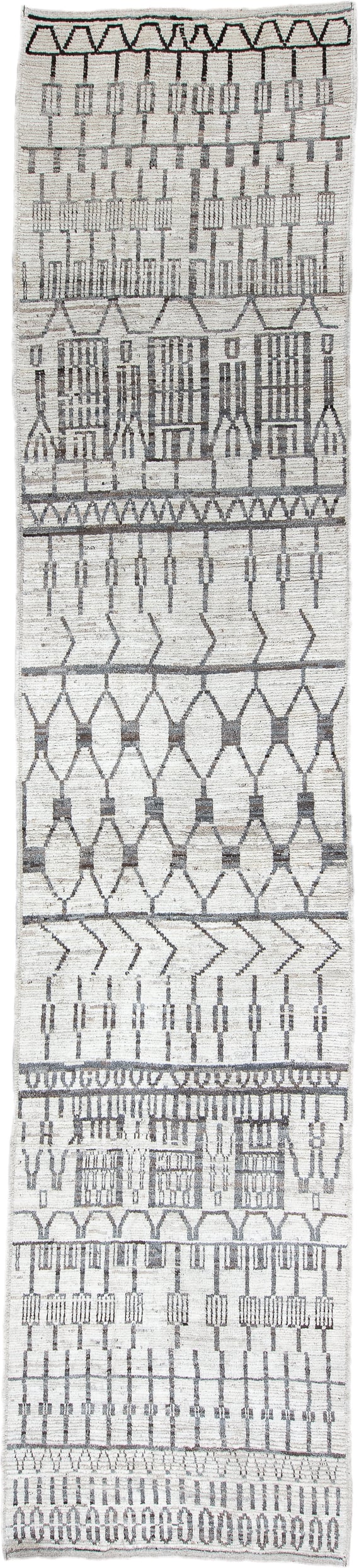4' x 18' one-of-a-kind handmade vintage Tulu runner rug. Color palette: ivory, charcoal, gray, black