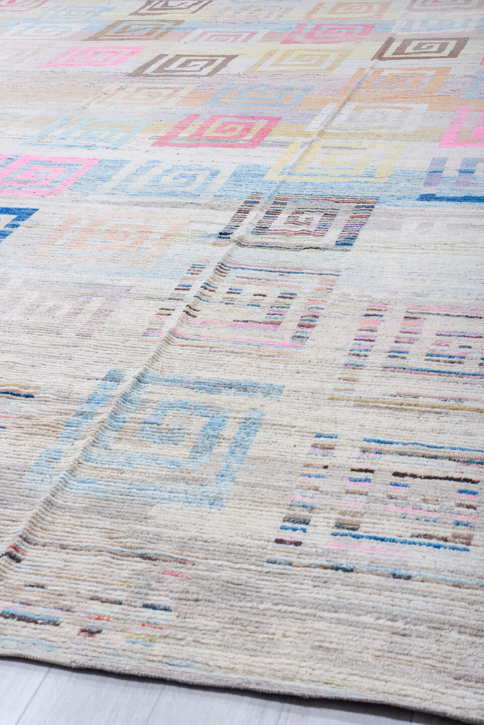 3' x 16' one-of-a-kind handmade vintage Tulu runner rug. Color palette: light blue, rust, ivory, taupe, slate, terracotta