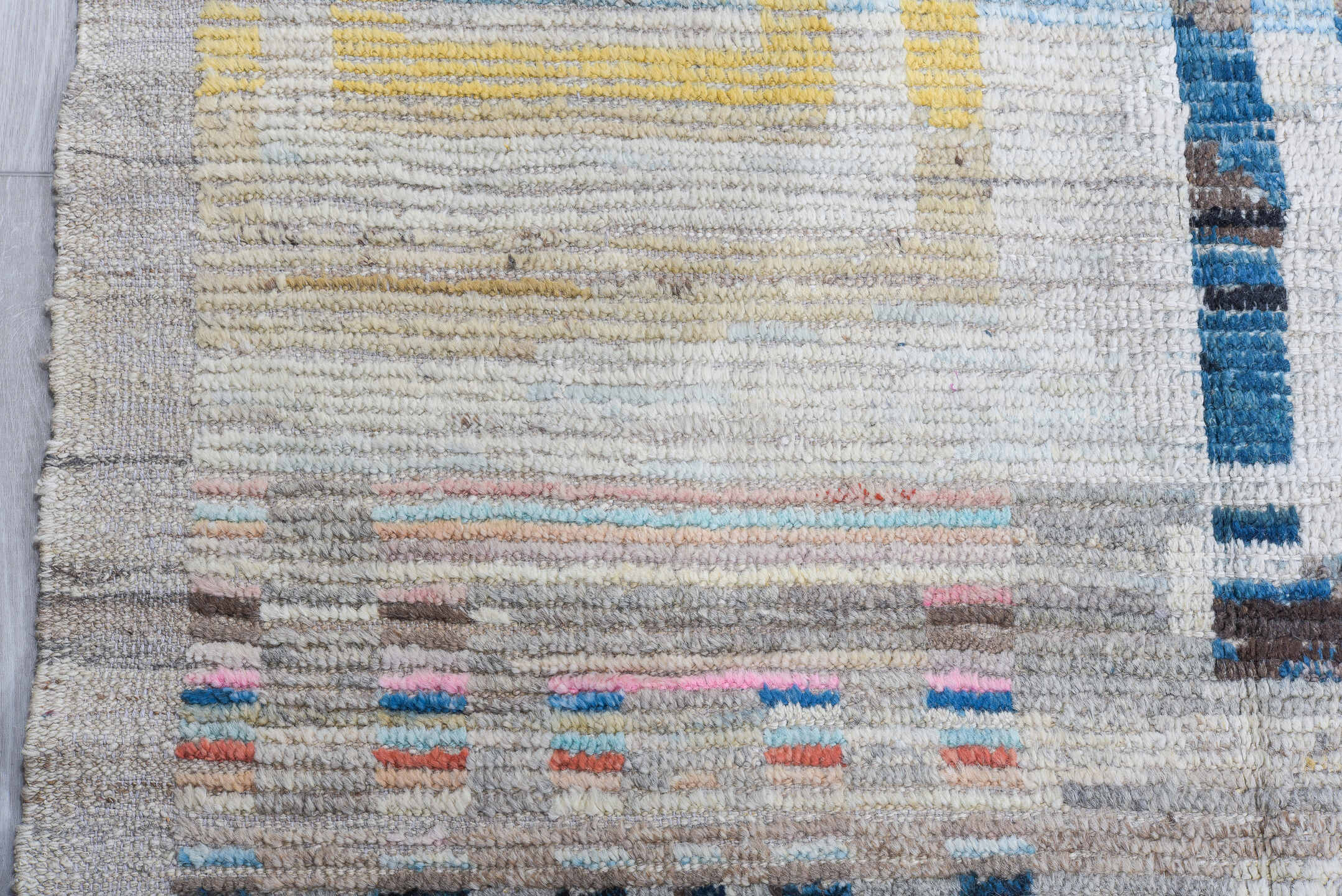 3' x 16' one-of-a-kind handmade vintage Tulu runner rug. Color palette: light blue, rust, ivory, taupe, slate, terracotta
