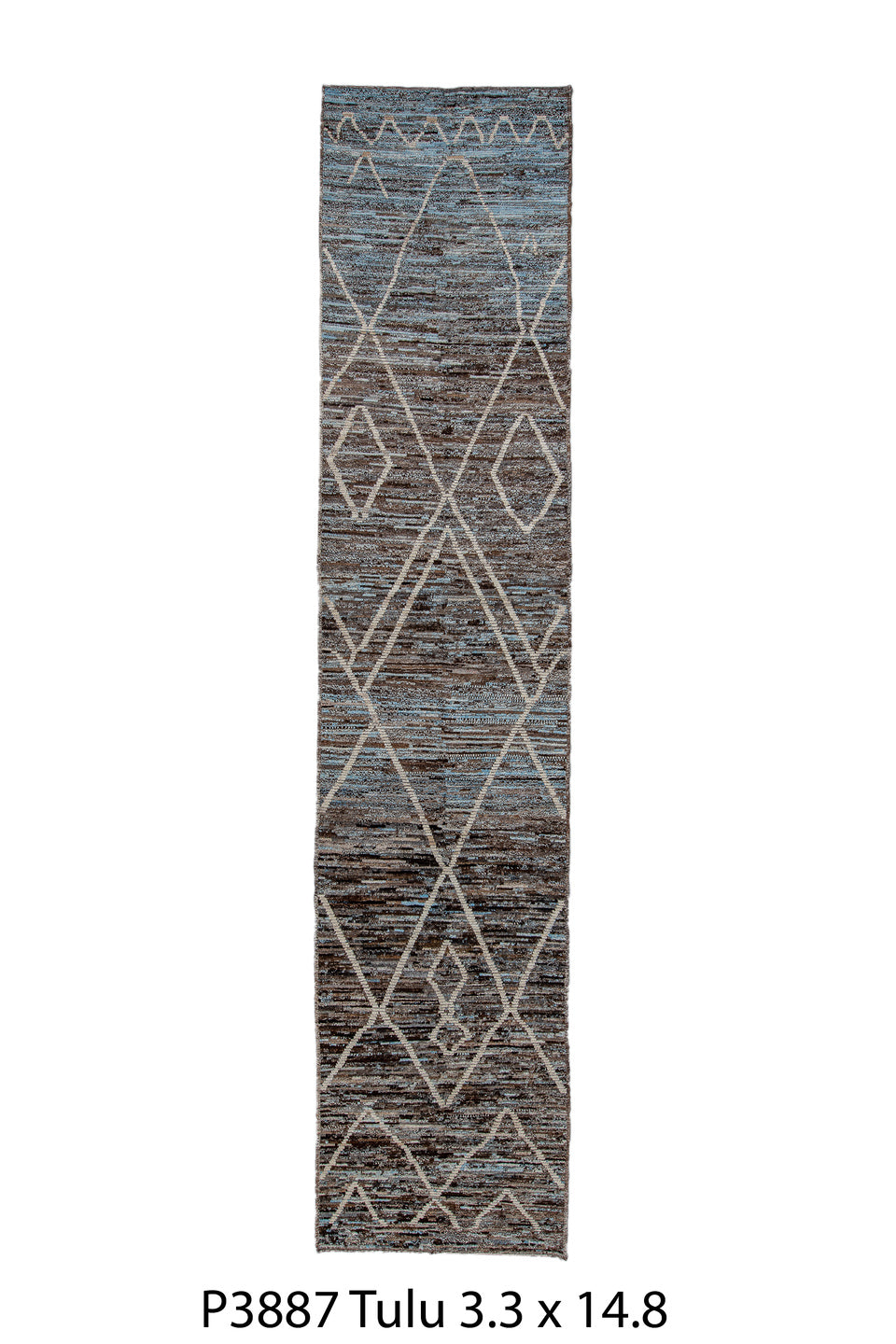 3' x 14' one-of-a-kind handmade vintage Tulu runner rug. Color palette: black, blue, cadet blue, gray, light blue