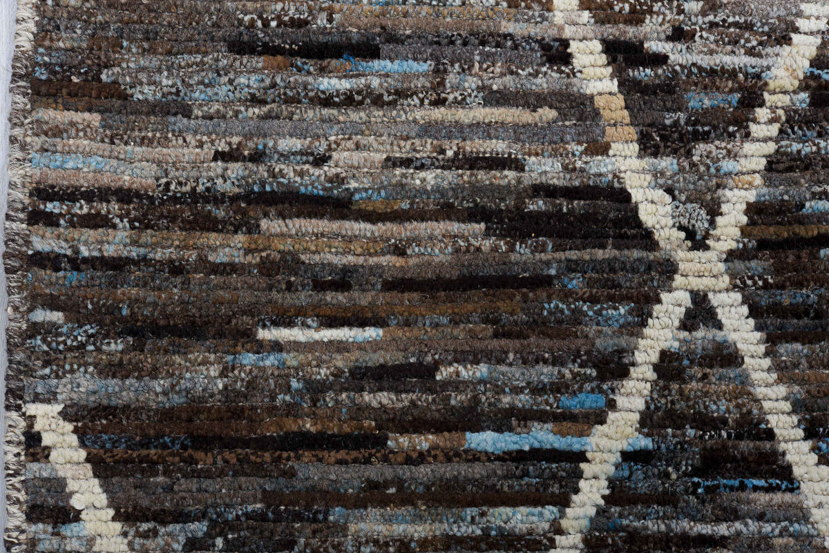 3' x 14' one-of-a-kind handmade vintage Tulu runner rug. Color palette: brown, ivory, sky blue, taupe, charcoal, light blue