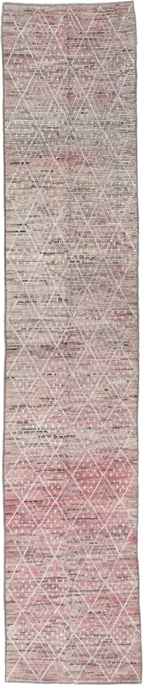 3' x 16' one-of-a-kind handmade vintage Tulu runner rug. Color palette: blush, ivory, taupe, charcoal, rose, brown, pink