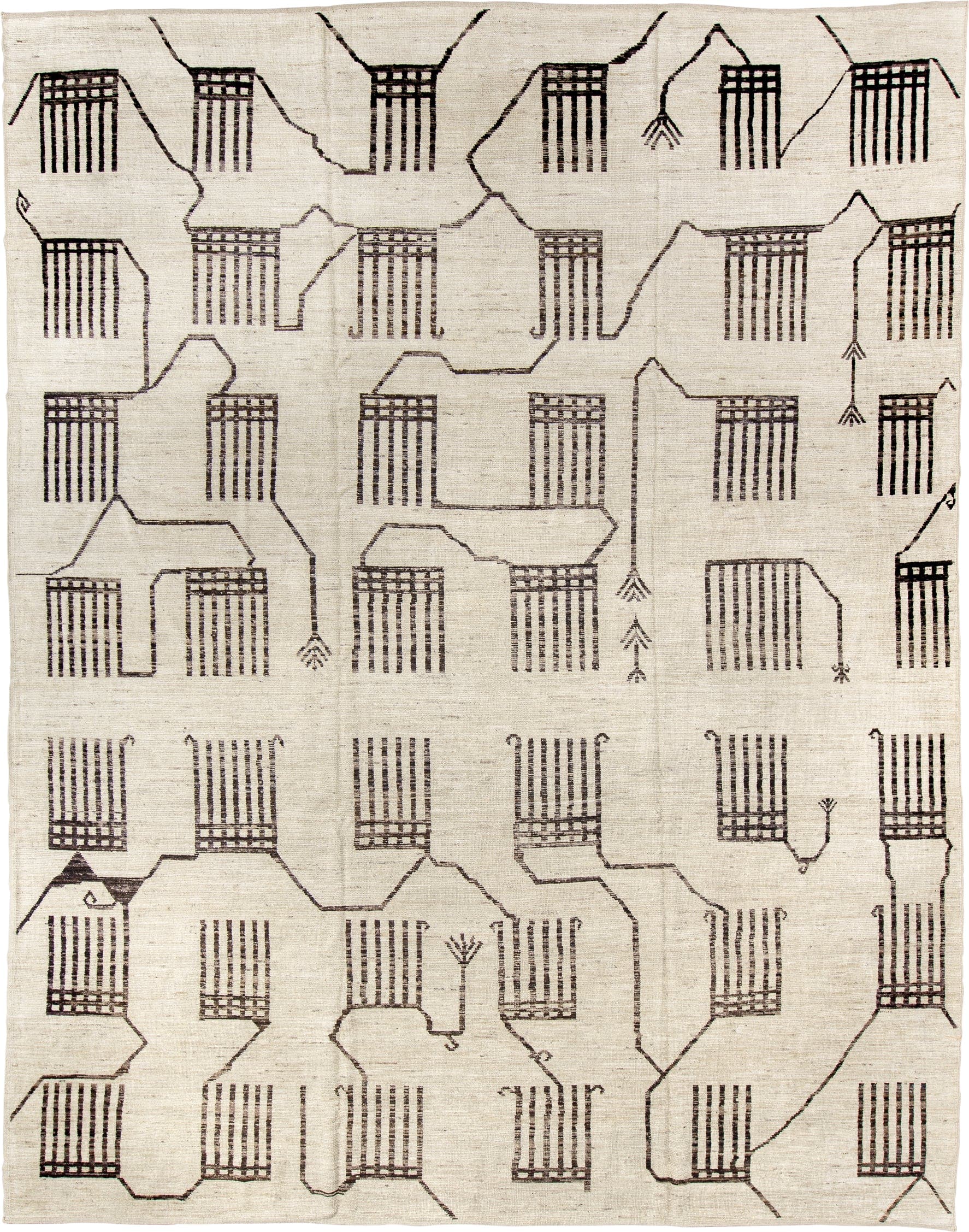 10' x 13' one-of-a-kind handmade vintage Tulu oversize rug. Color palette: ivory, dark brown, taupe, brown, beige, gray