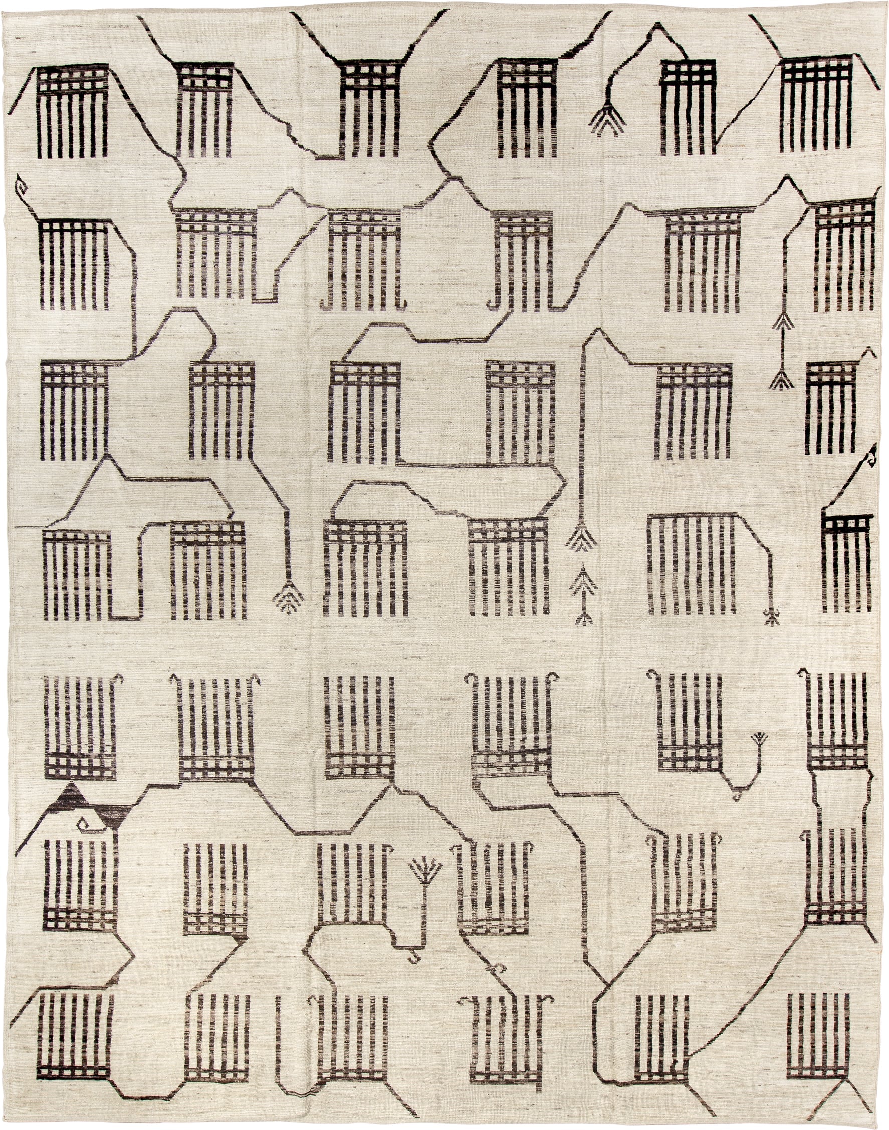 10' x 13' one-of-a-kind handmade vintage Tulu oversize rug. Color palette: ivory, dark brown, taupe, brown, beige, gray
