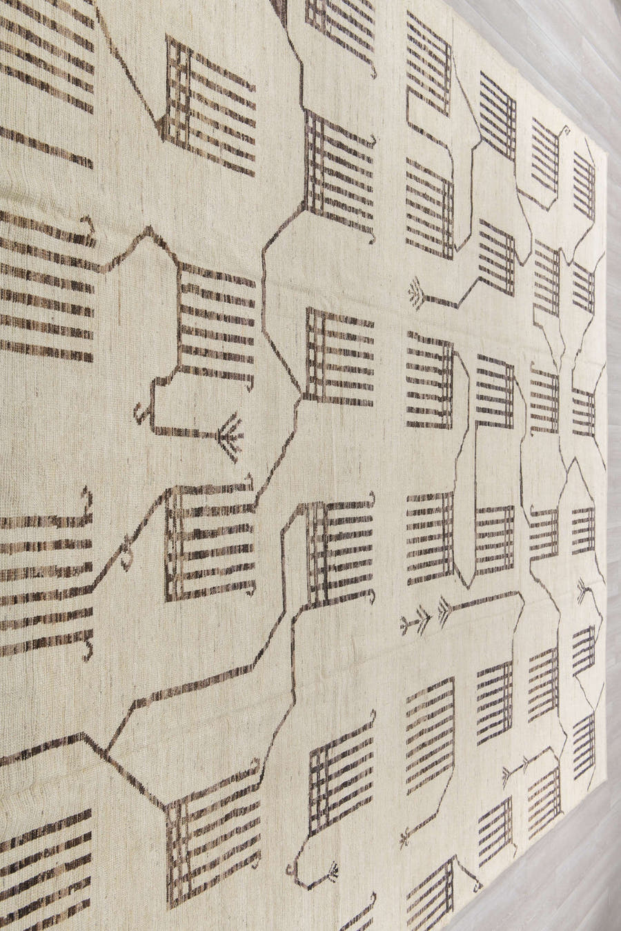 10' x 13' one-of-a-kind handmade vintage Tulu oversize rug. Color palette: ivory, dark brown, taupe, brown, beige, gray