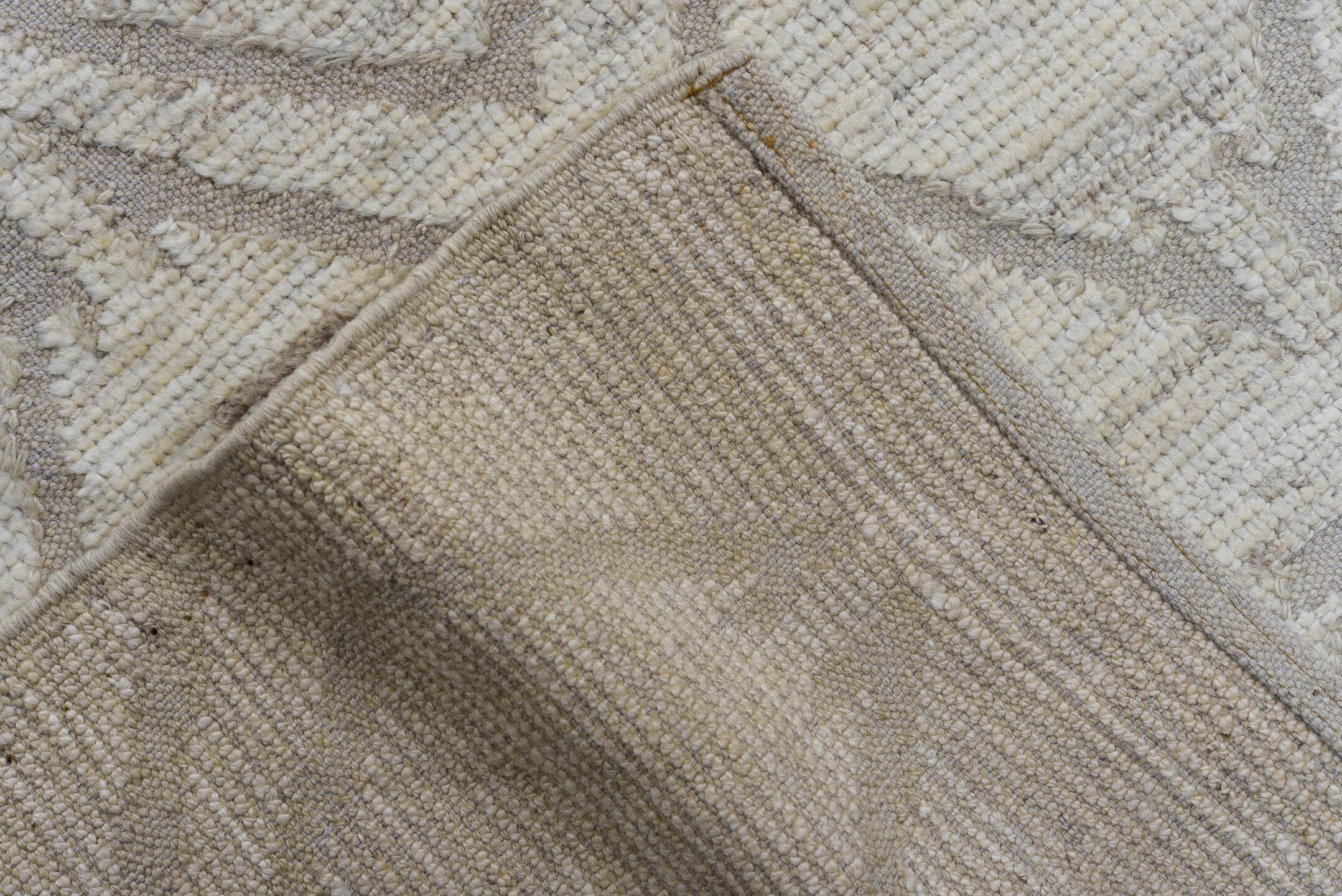10' x 13' one-of-a-kind handmade vintage Tulu large size rug. Color palette: ivory, taupe, beige, cream, gray