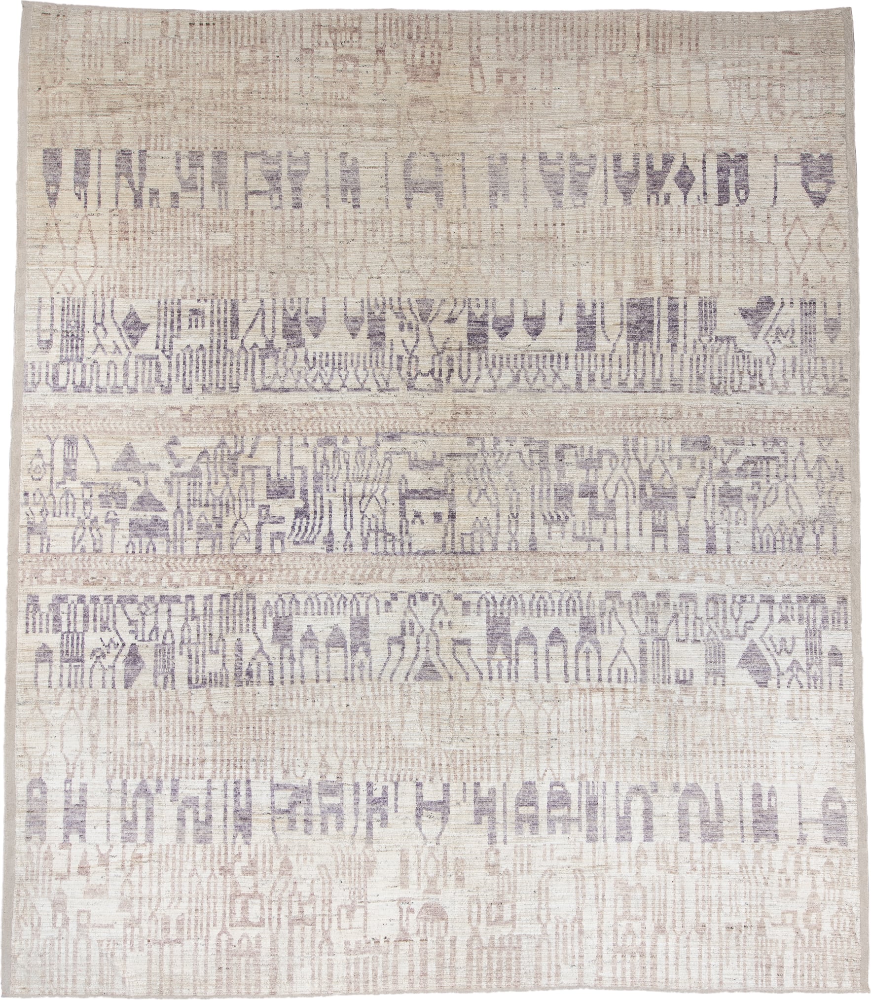 12' x 14' one-of-a-kind handmade vintage Tulu oversize rug. Color palette: ivory, taupe, lavender, beige, gray, light gray