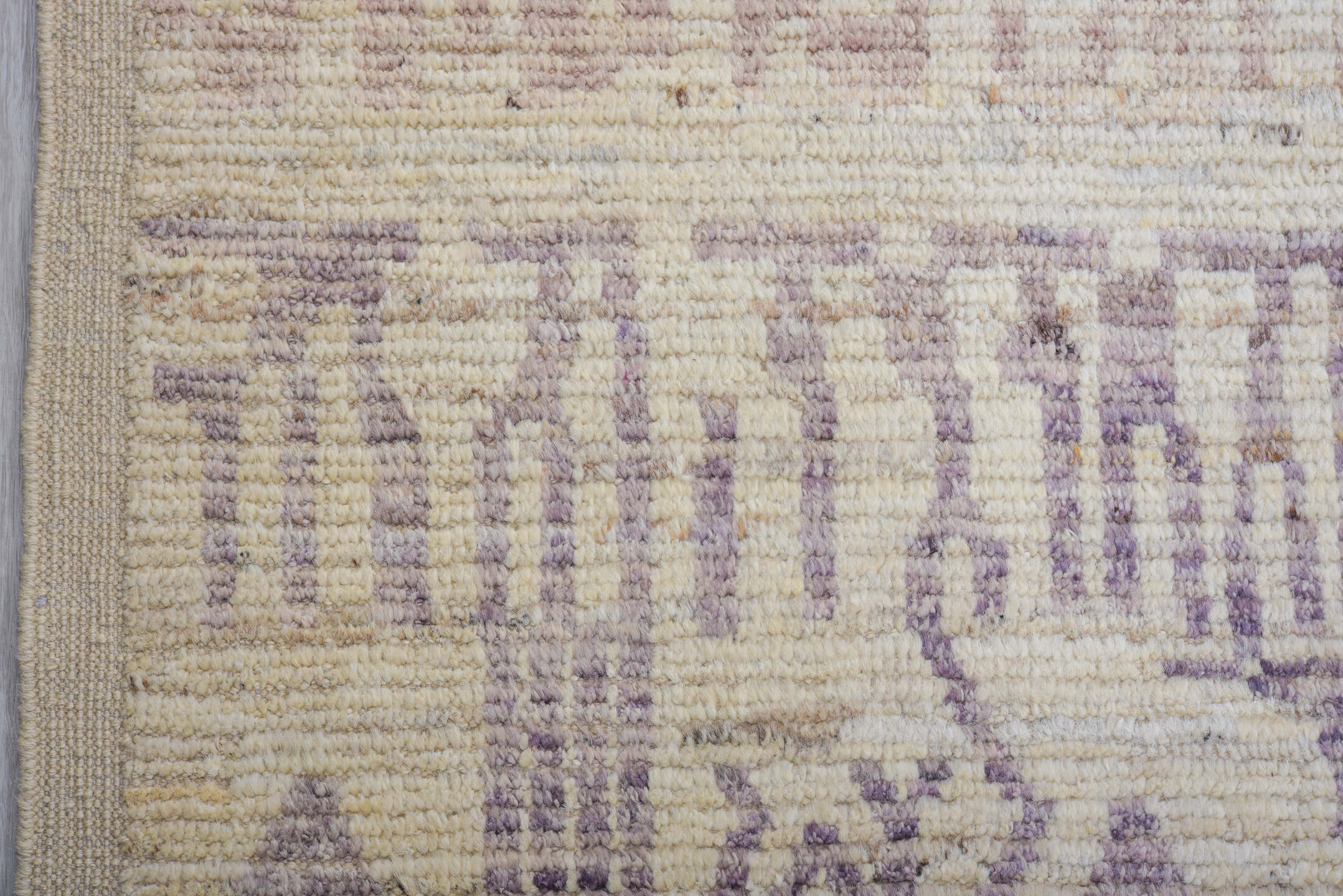12' x 14' one-of-a-kind handmade vintage Tulu oversize rug. Color palette: ivory, taupe, lavender, beige, gray, light gray
