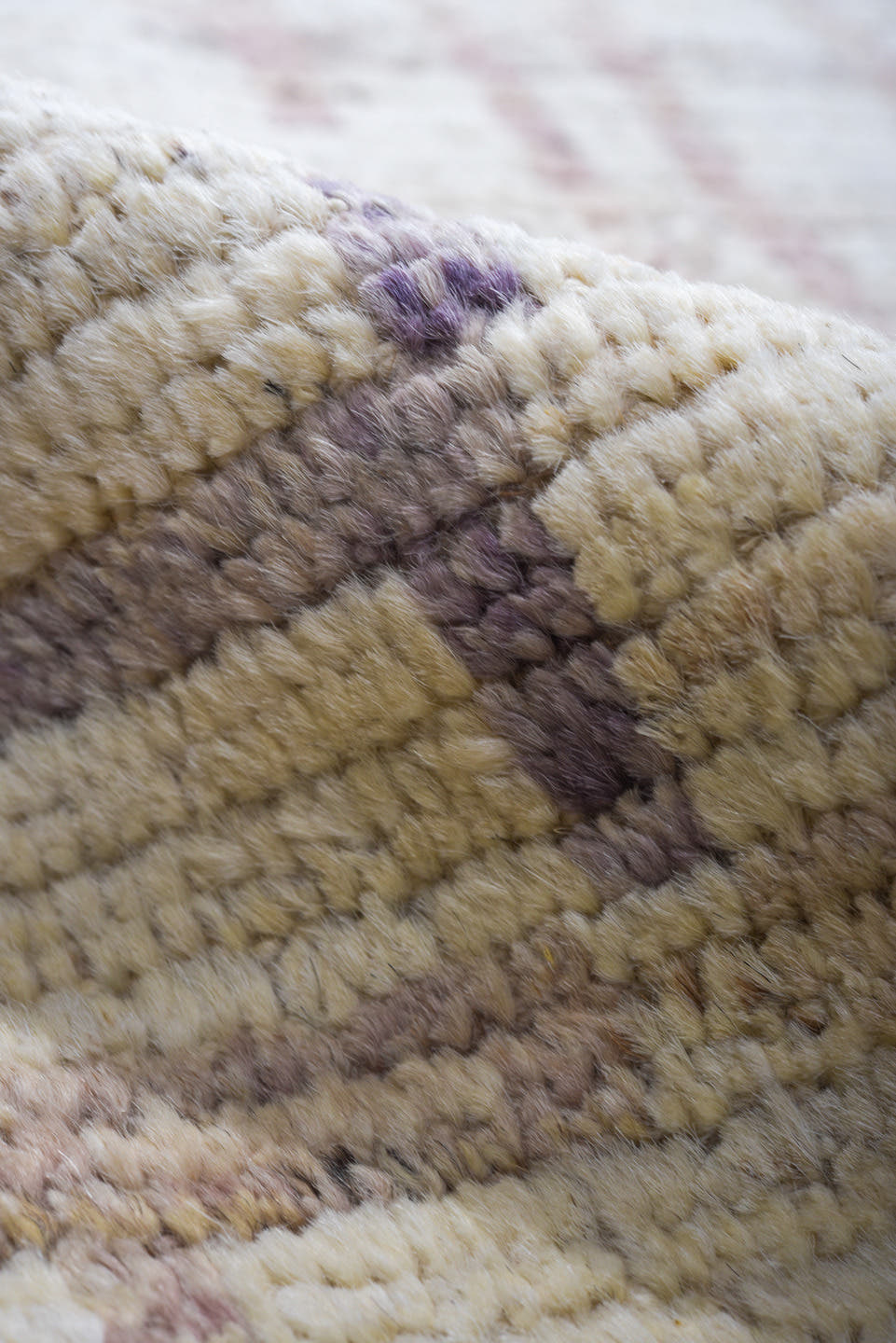 12' x 14' one-of-a-kind handmade vintage Tulu oversize rug. Color palette: ivory, taupe, lavender, beige, gray, light gray