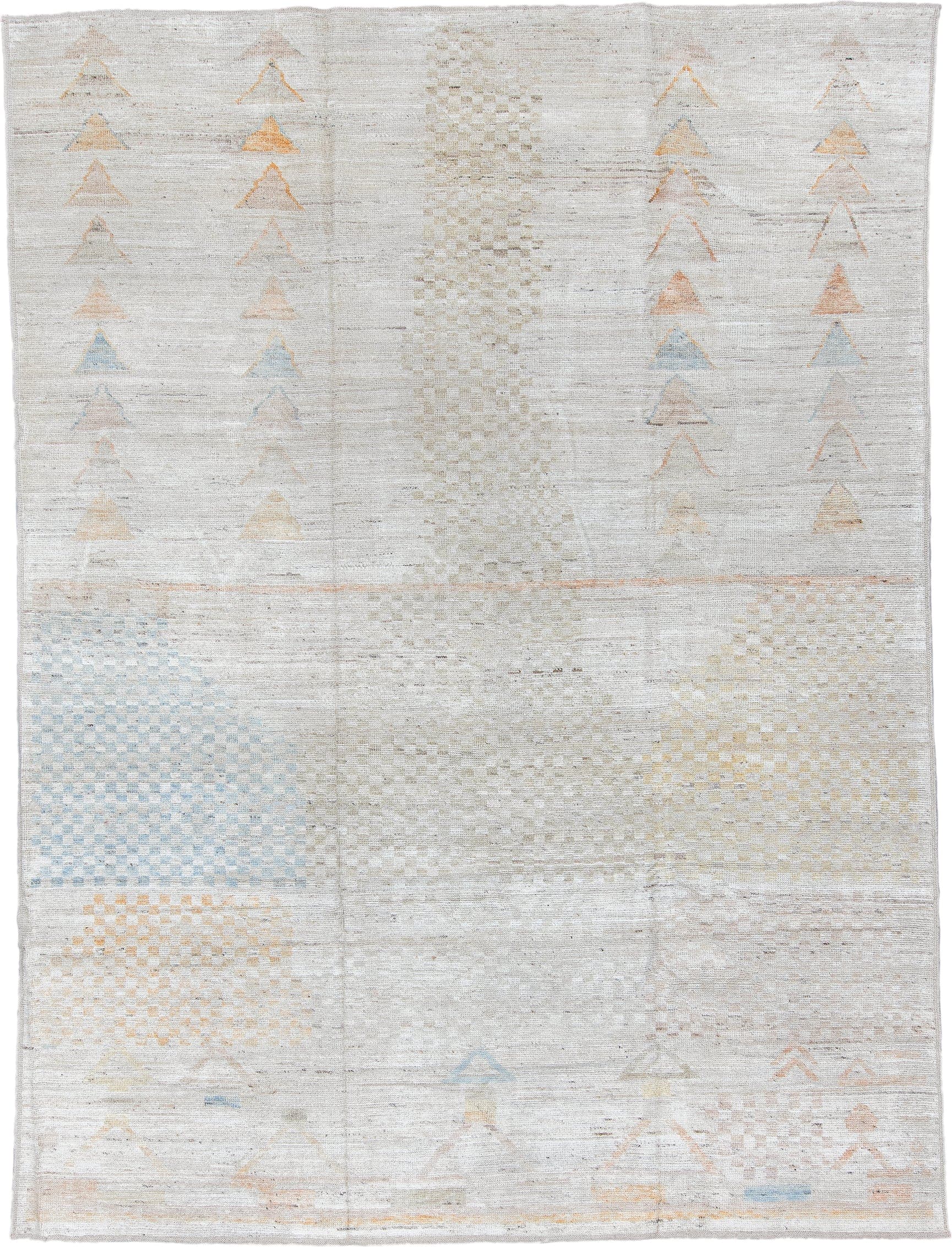 9' x 12' one-of-a-kind handmade vintage Tulu large size rug. Color palette: ivory, cream, pale blue, peach, beige, sand
