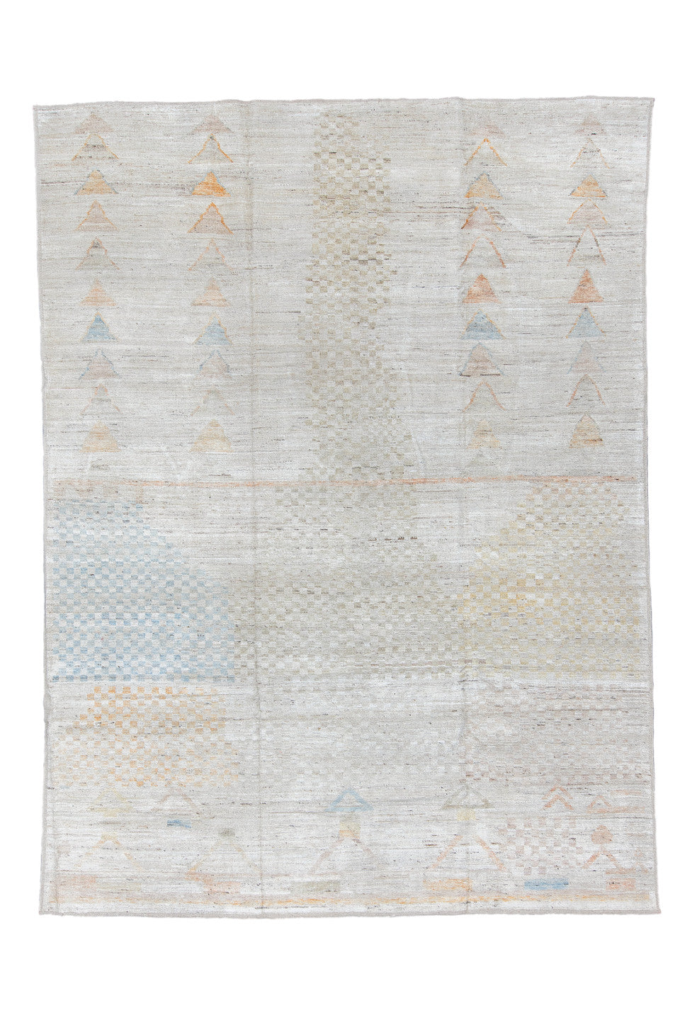 9' x 12' one-of-a-kind handmade vintage Tulu large size rug. Color palette: blue, brown, burlywood, dark gray, gainsboro