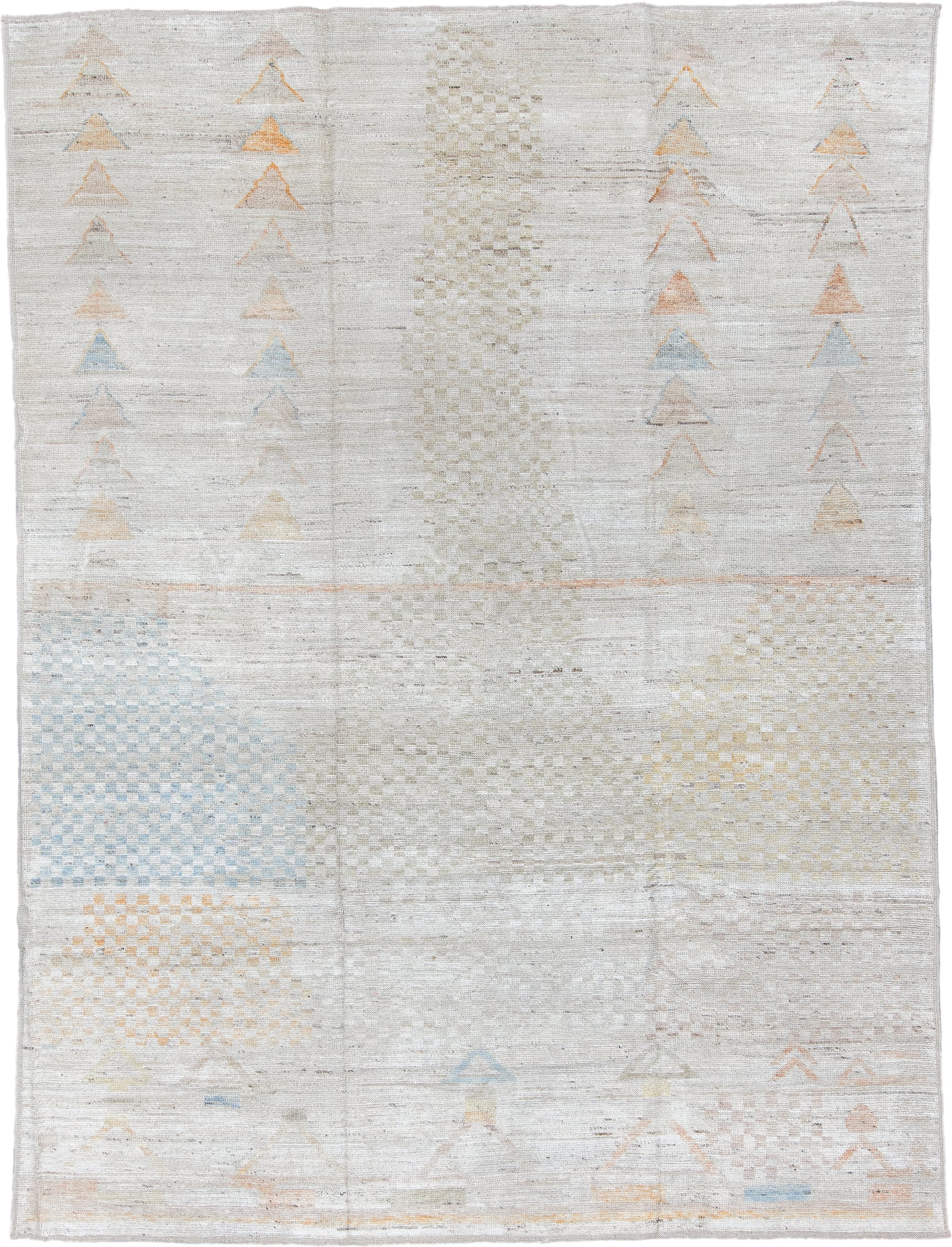 9' x 12' one-of-a-kind handmade vintage Tulu large size rug. Color palette: ivory, cream, pale blue, peach, beige, sand