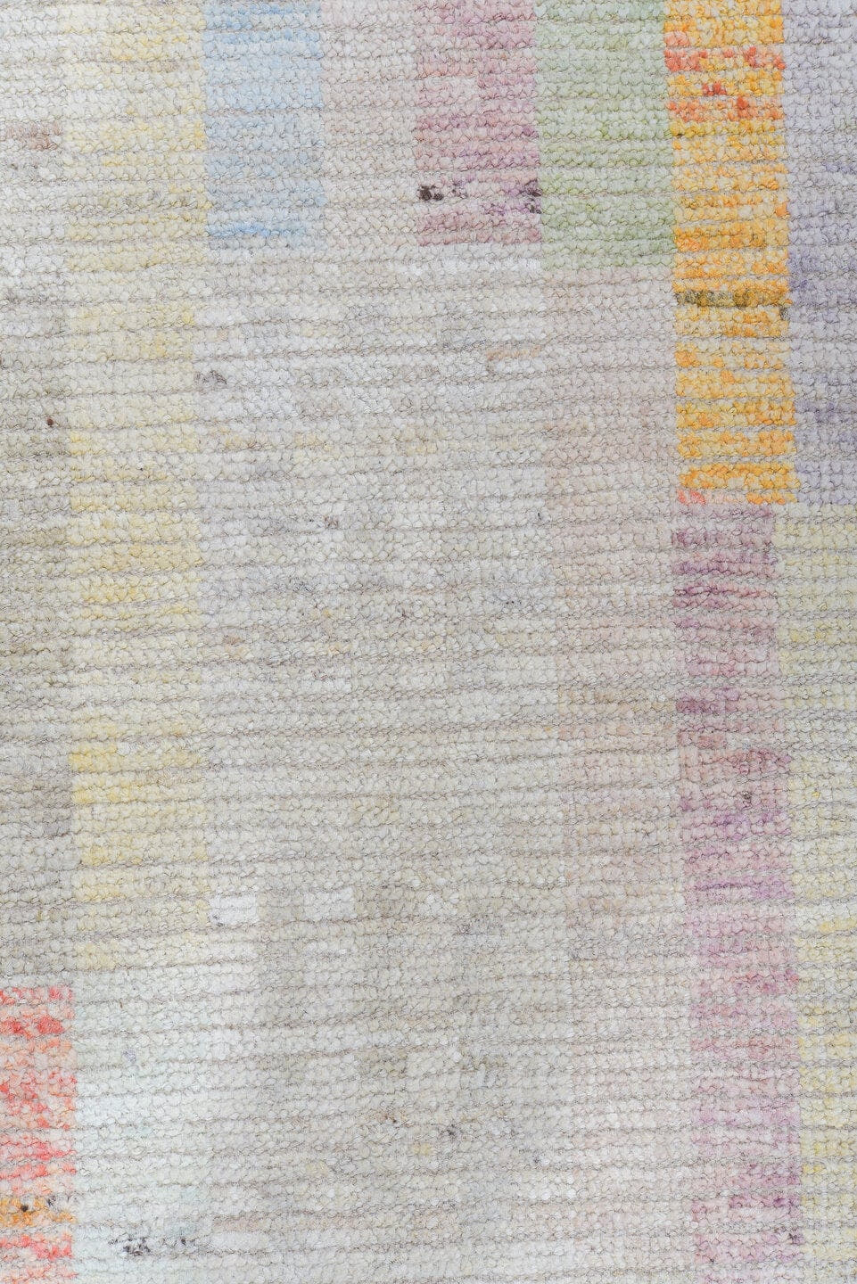 8' x 9' one-of-a-kind handmade vintage Tulu rug. Color palette: ivory, pale blue, peach, lavender, soft gold, sage, blush