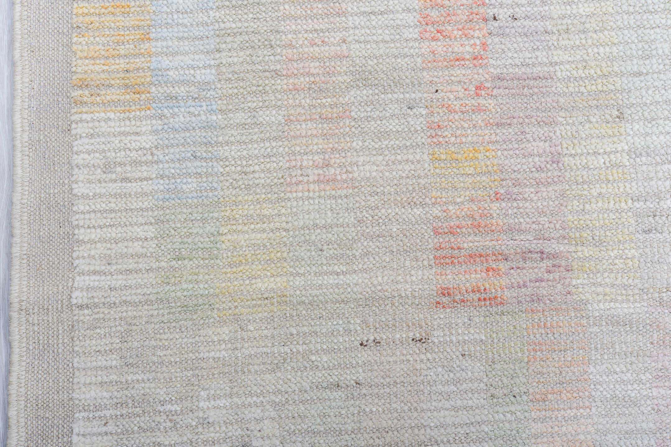 8' x 9' one-of-a-kind handmade vintage Tulu rug. Color palette: ivory, pale blue, peach, lavender, soft gold, sage, blush