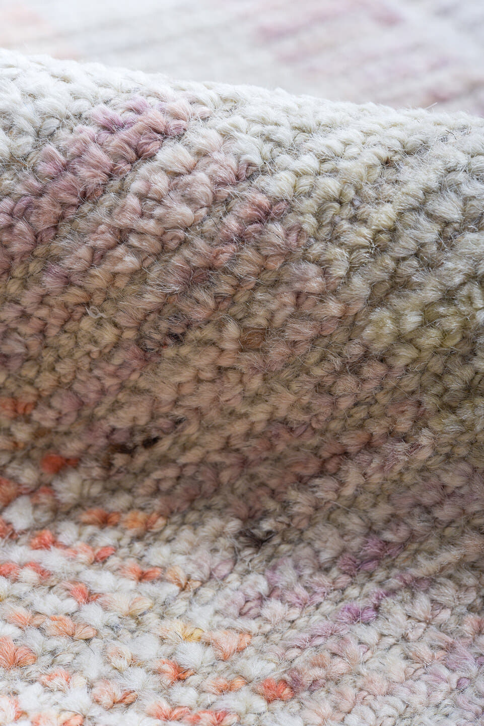 8' x 9' one-of-a-kind handmade vintage Tulu rug. Color palette: ivory, pale blue, peach, lavender, soft gold, sage, blush