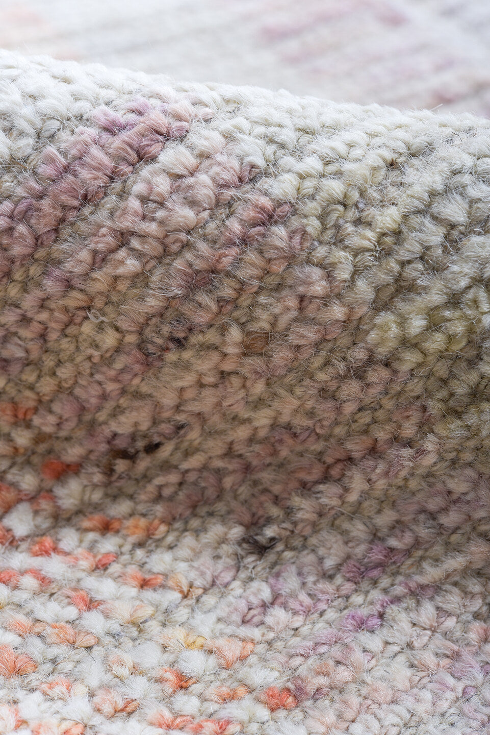 8' x 9' one-of-a-kind handmade vintage Tulu rug. Color palette: ivory, pale blue, peach, lavender, soft gold, sage, blush